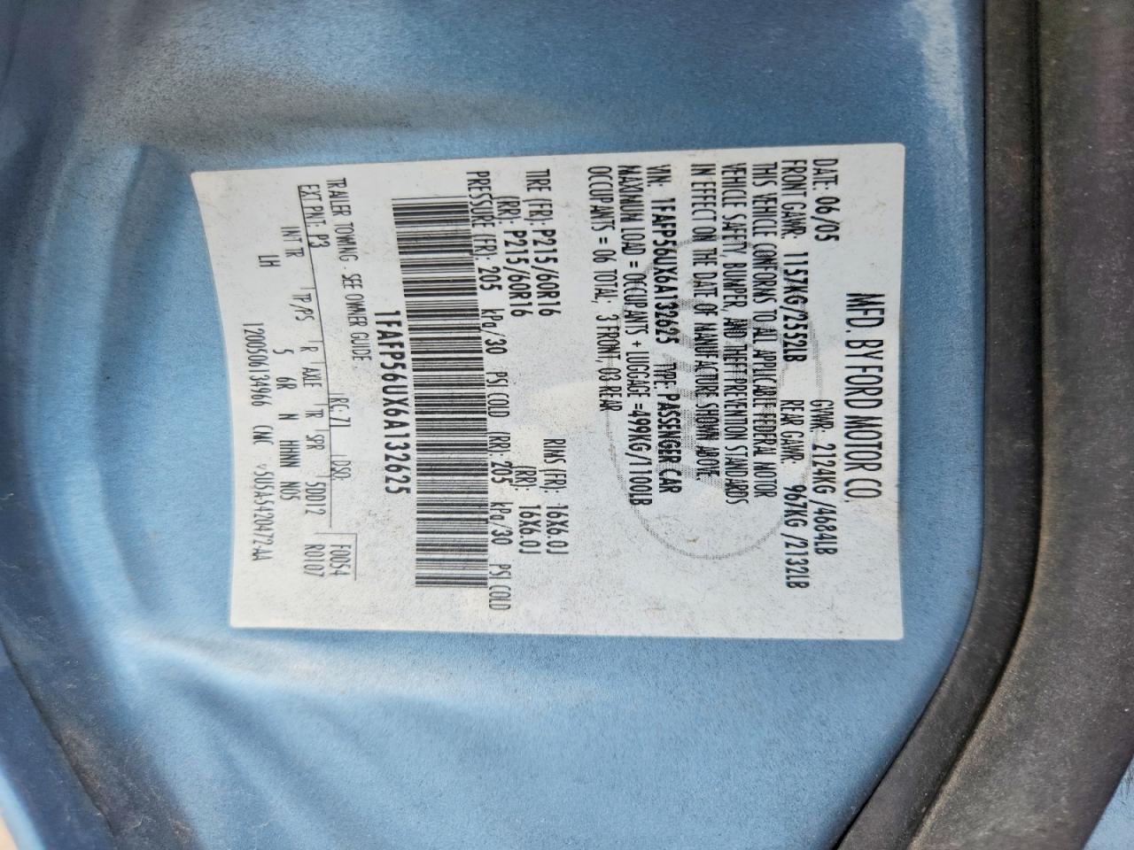 2006 Ford Taurus Sel Blue vin: 1FAFP56UX6A132625