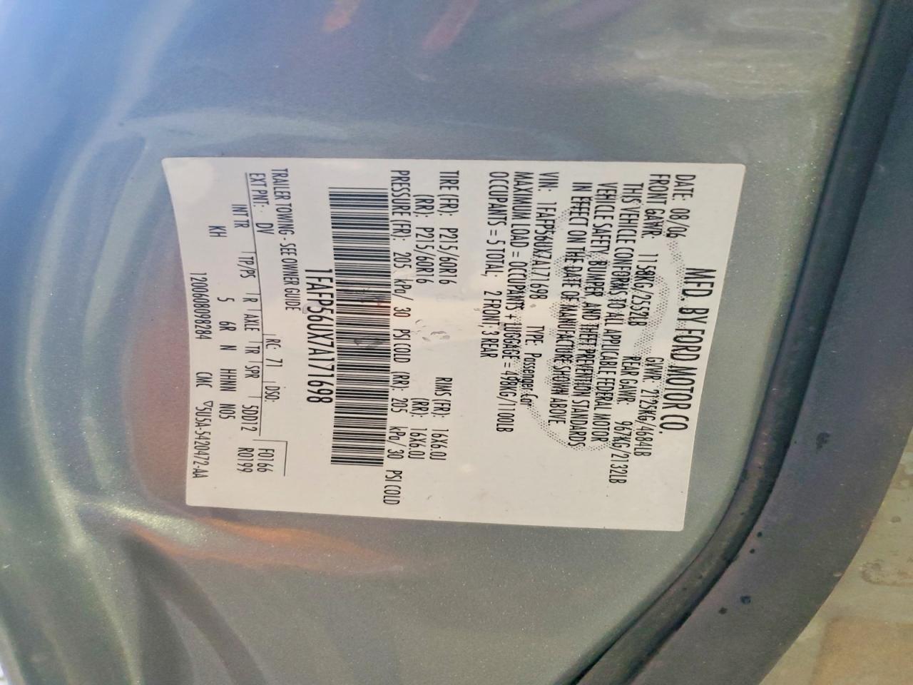 2007 Ford Taurus Sel Green vin: 1FAFP56UX7A171698