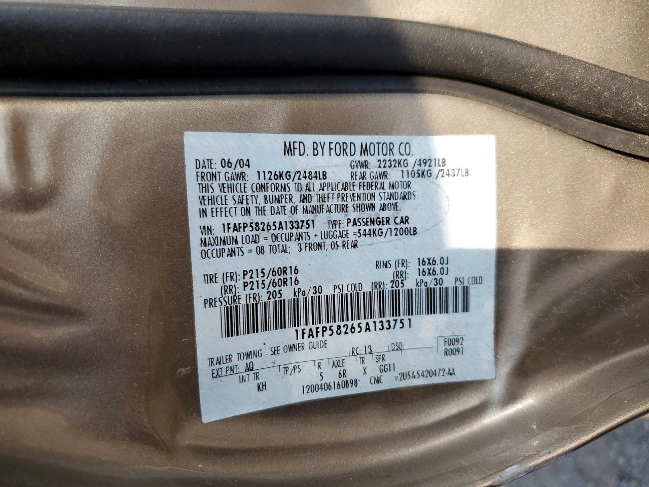 2005 Ford Taurus Se Beige vin: 1FAFP58265A133751