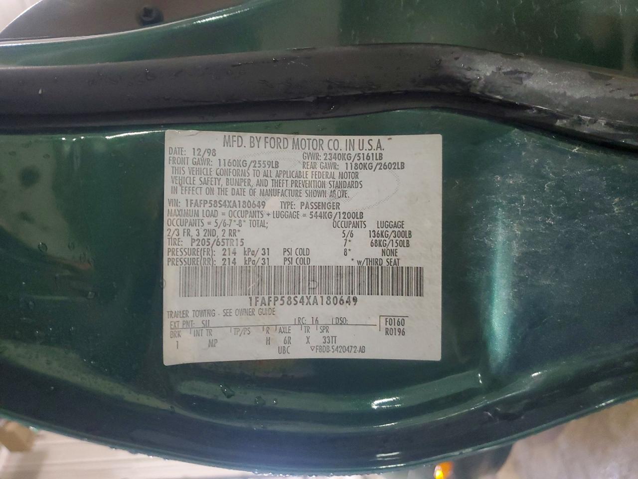 1999 Ford Taurus Se Comfort Green vin: 1FAFP58S4XA180649