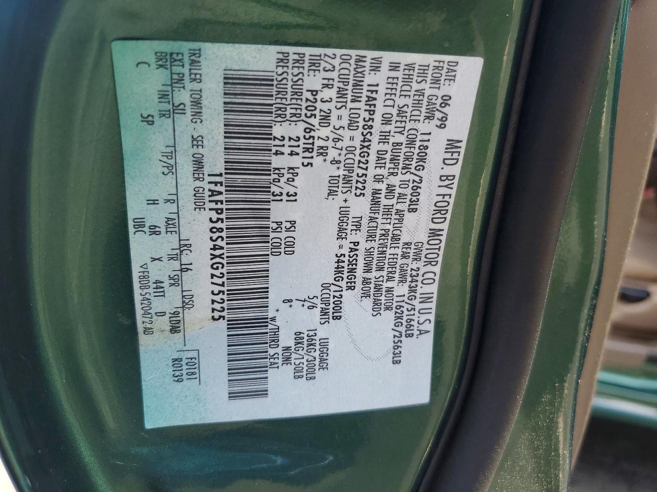 1999 Ford Taurus Se Comfort Green vin: 1FAFP58S4XG275225