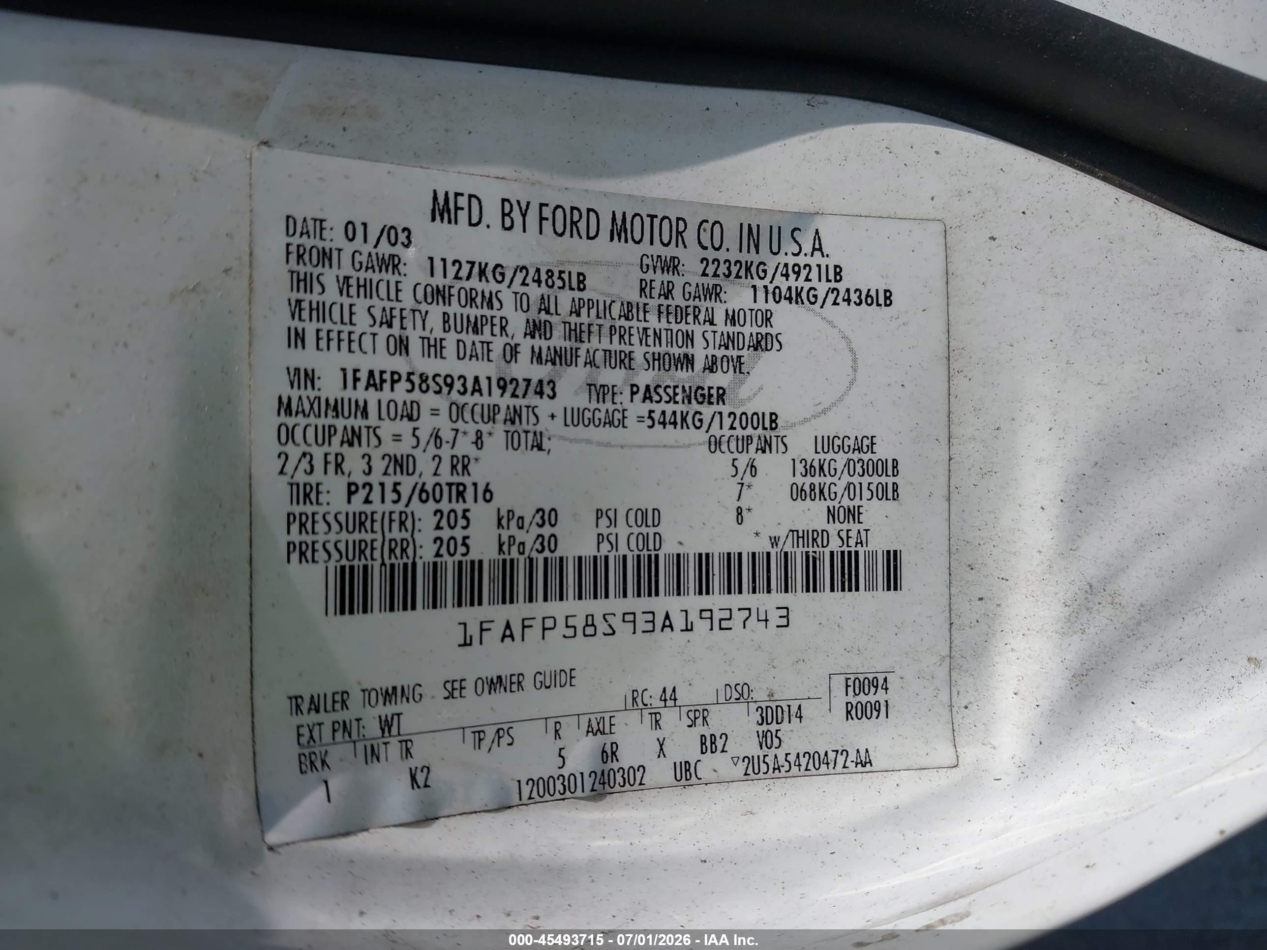 2003 Ford Taurus Se White vin: 1FAFP58S93A192743