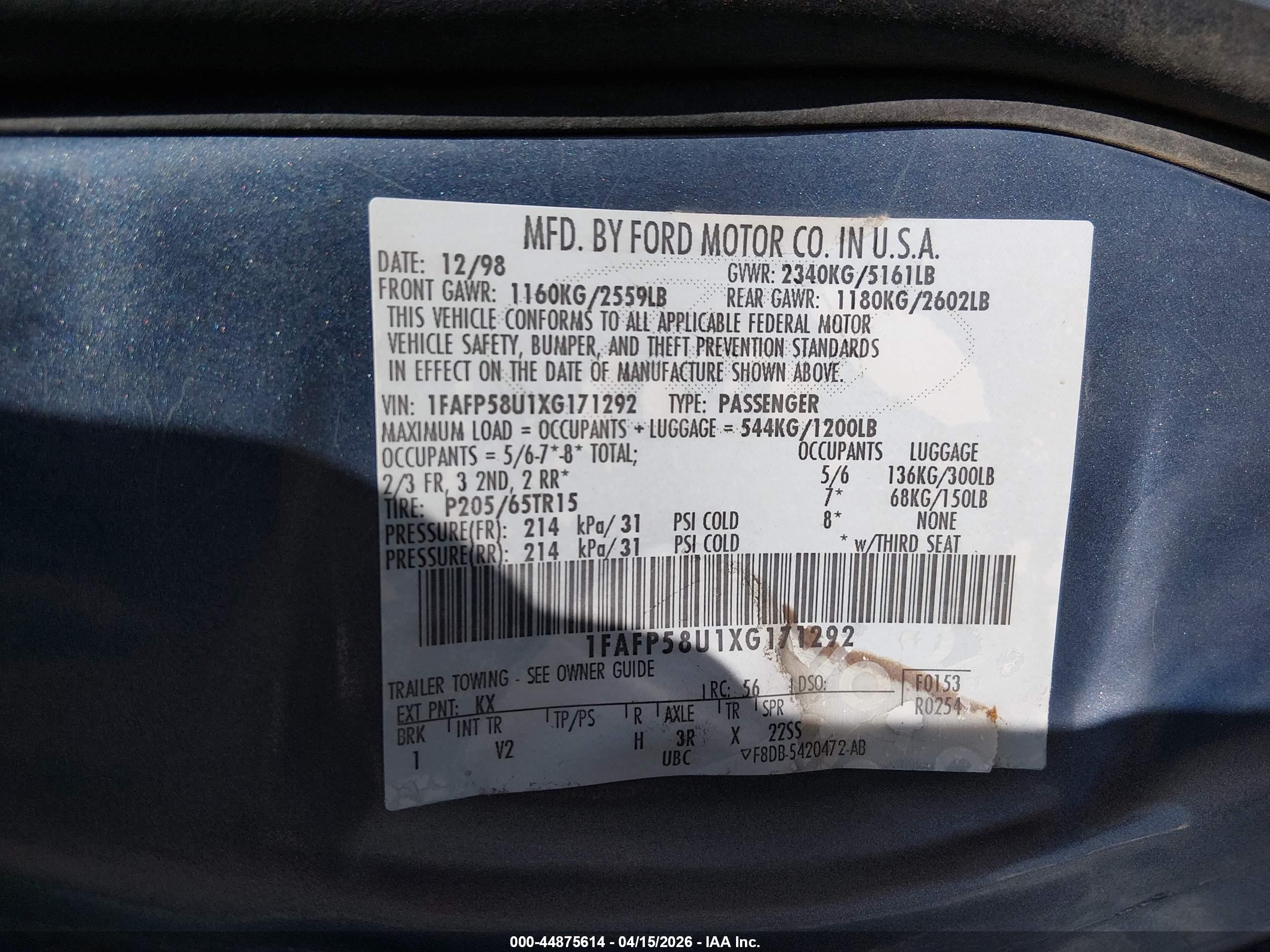 1999 Ford Taurus Se Blue vin: 1FAFP58U1XG171292