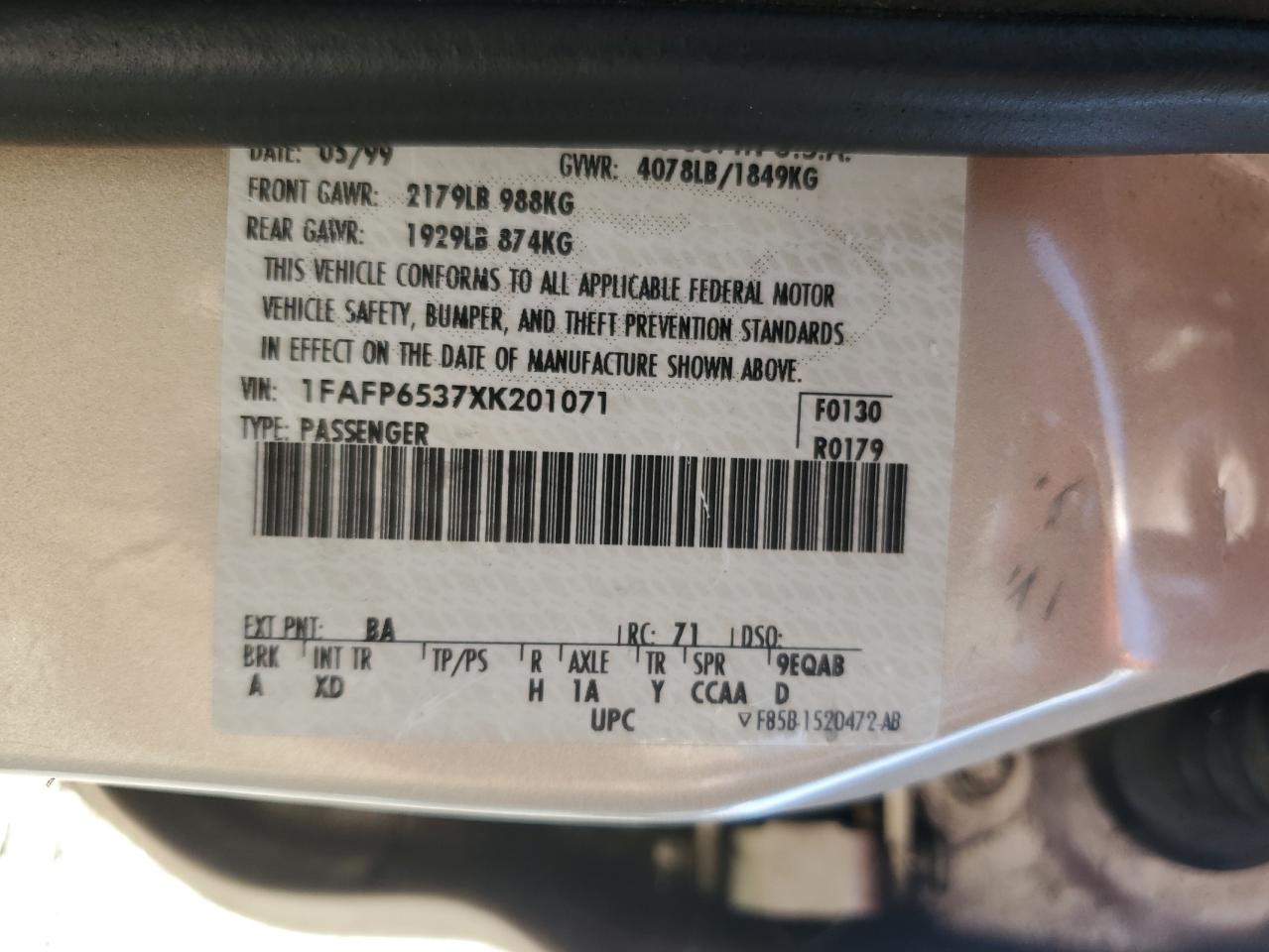1999 Ford Contour Lx Beige vin: 1FAFP6537XK201071