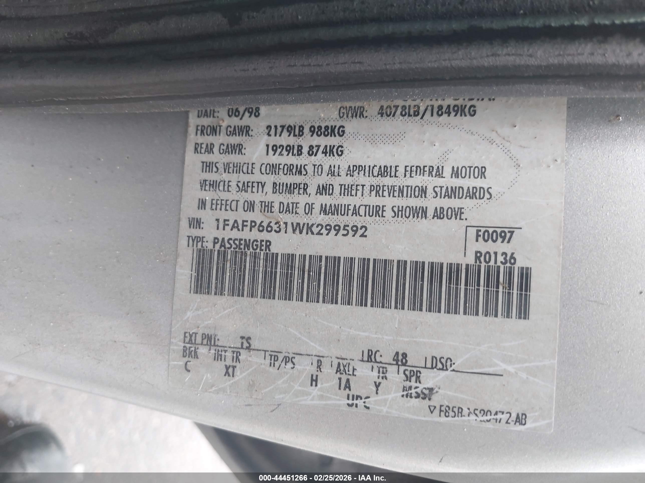 1998 Ford Contour Lx Light Blue vin: 1FAFP6631WK299592