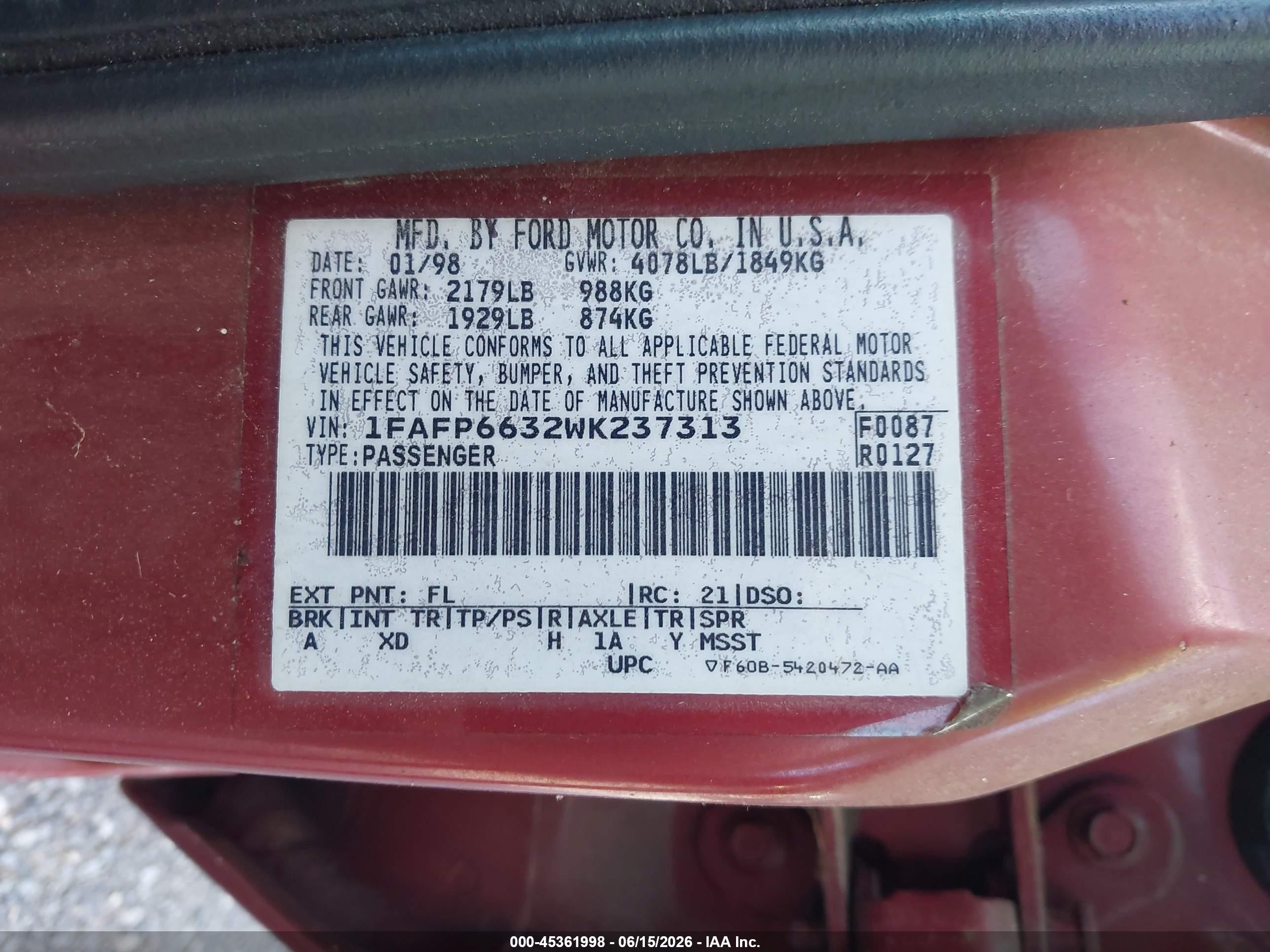 1998 Ford Contour Lx/sport/se Red vin: 1FAFP6632WK237313