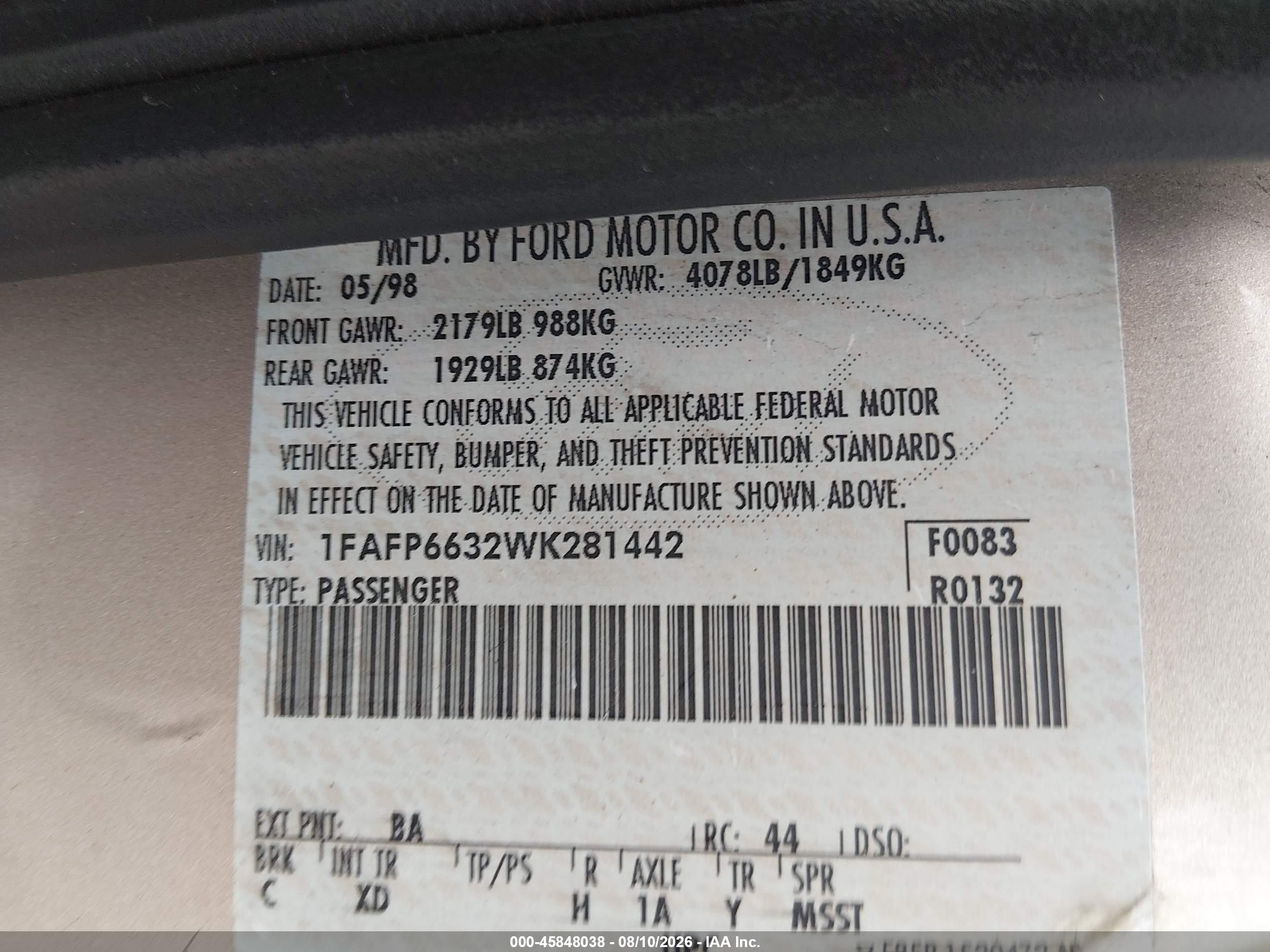 1998 Ford Contour Lx/se Tan vin: 1FAFP6632WK281442