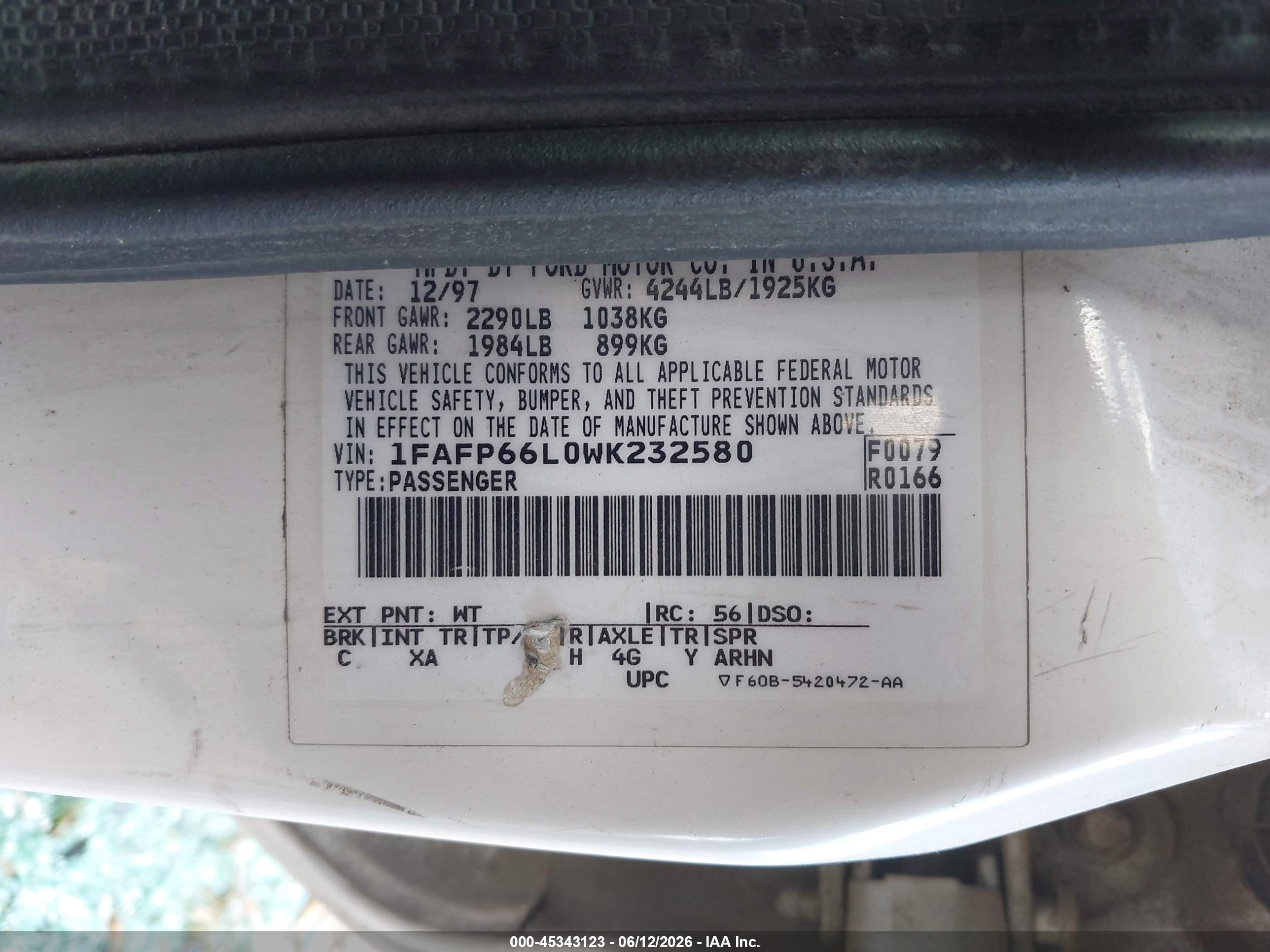 1998 Ford Contour   Белый vin: 1FAFP66L0WK232580