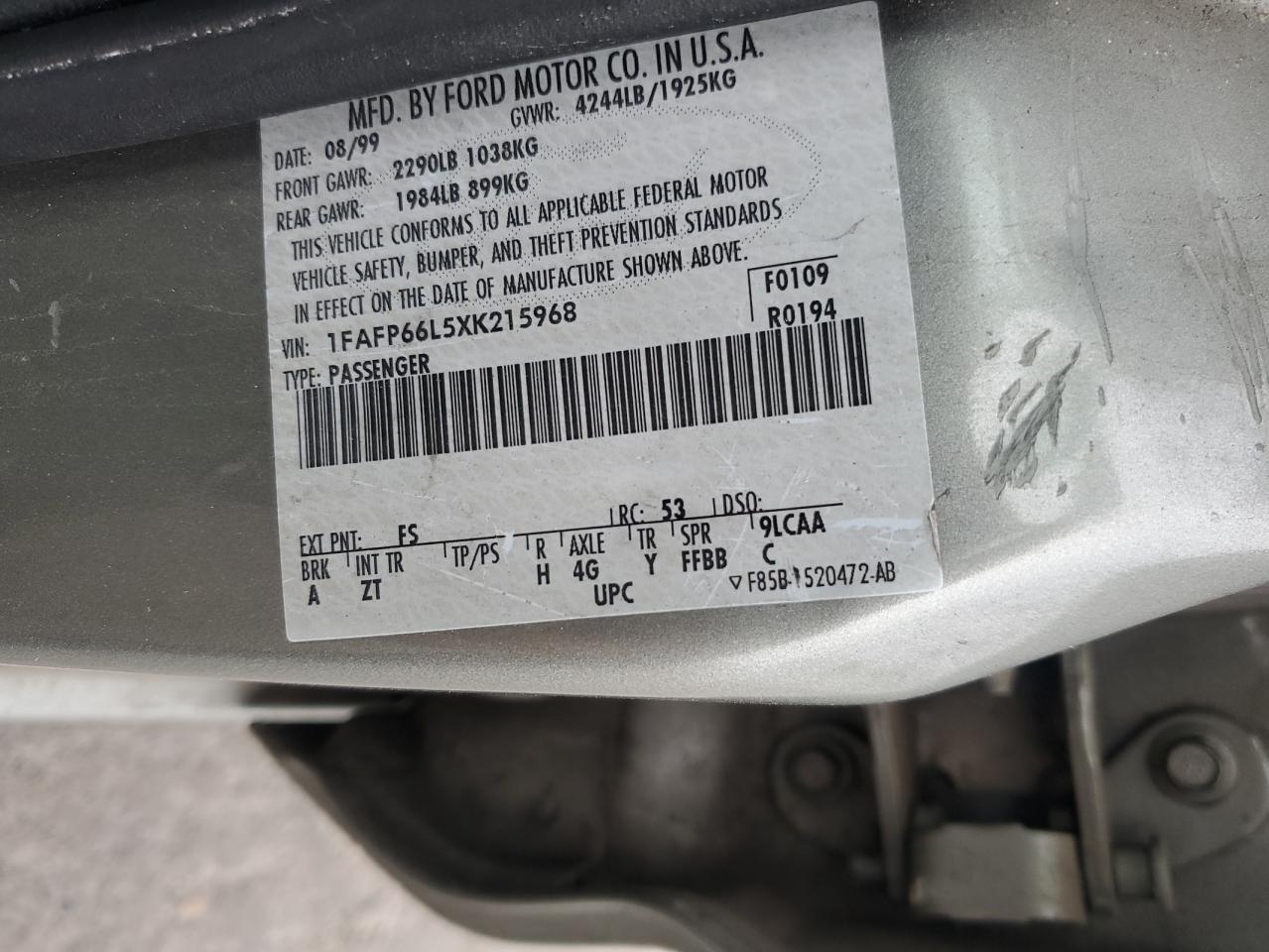 1999 Ford Contour Se Tan vin: 1FAFP66L5XK215968