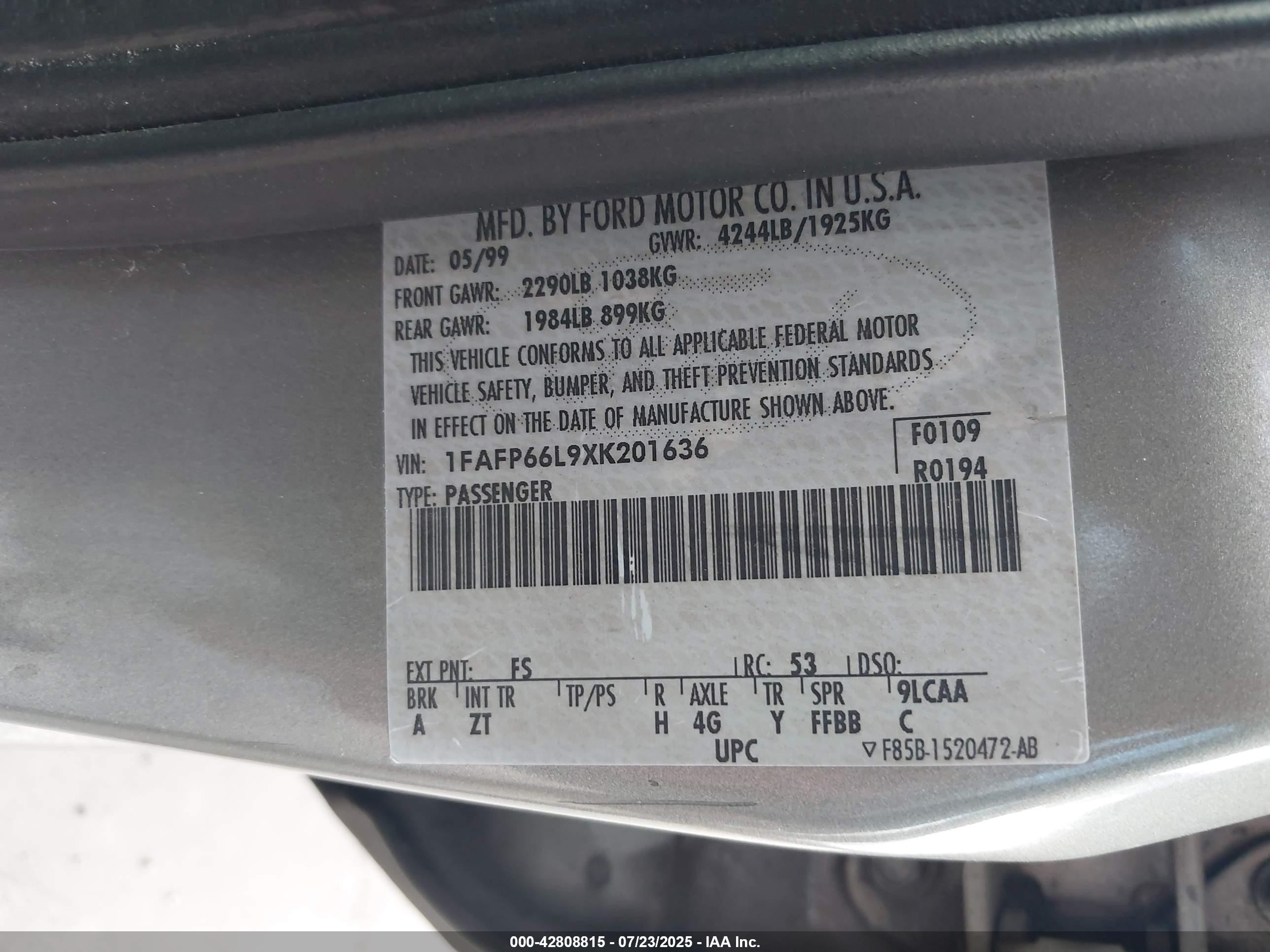 1999 Ford Contour Se Серый vin: 1FAFP66L9XK201636