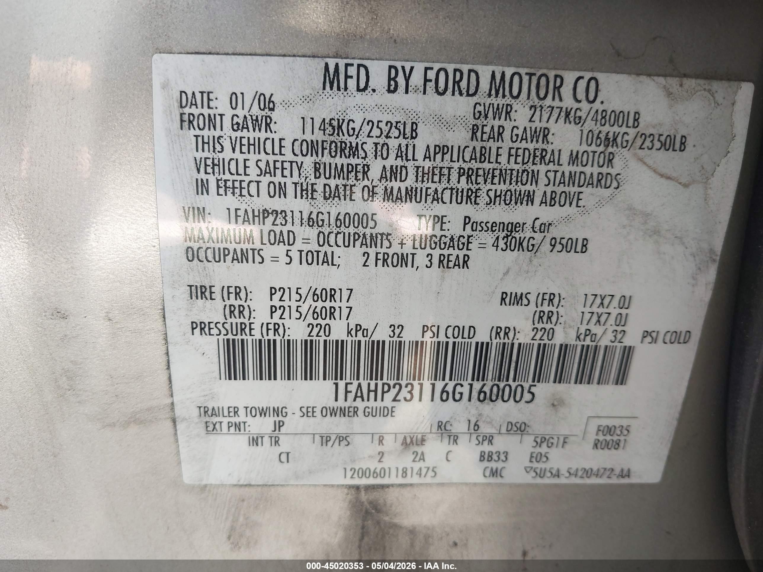 2006 Ford Five Hundred Se Gray vin: 1FAHP23116G160005