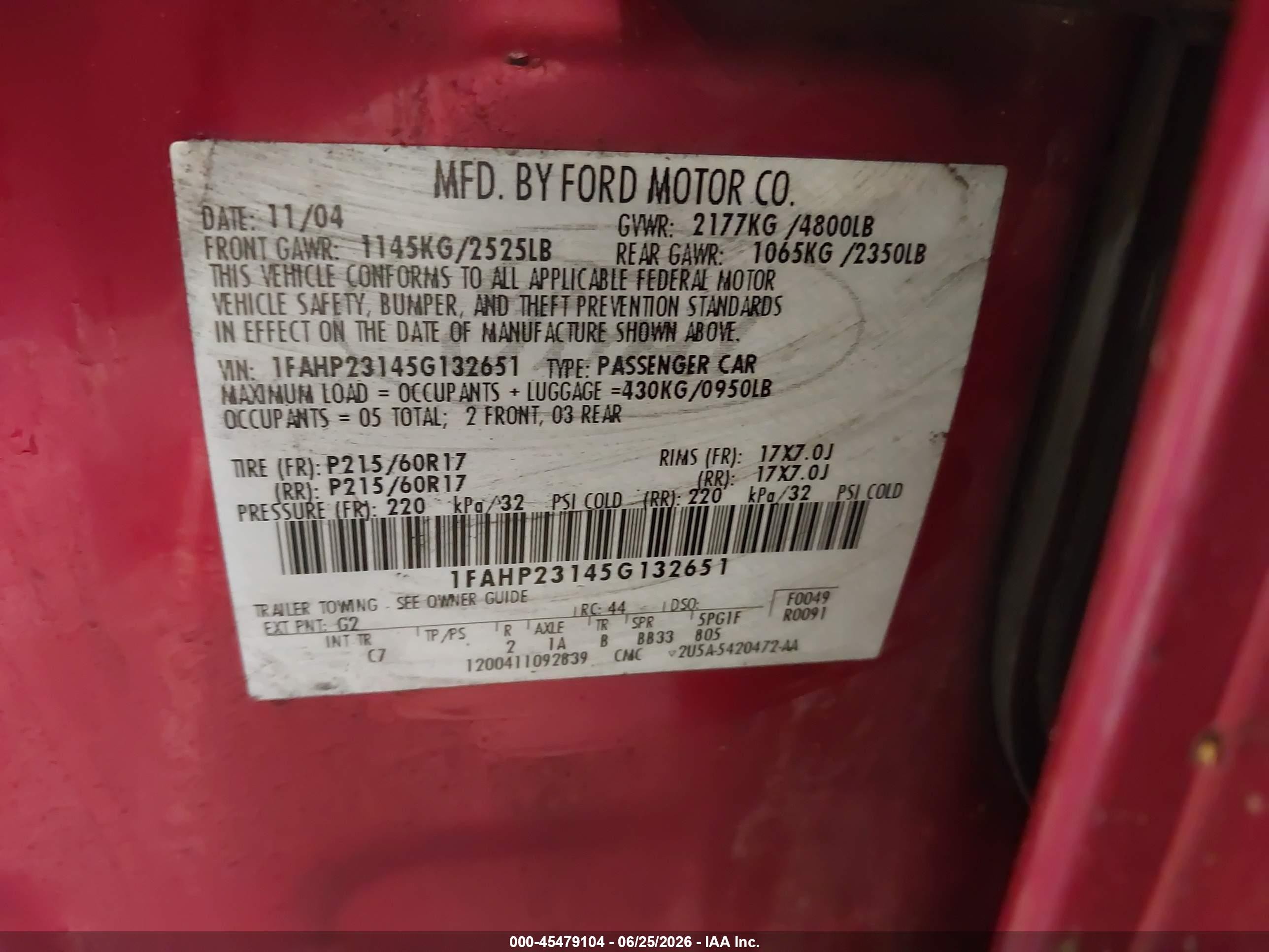 2005 Ford Five Hundred Se Red vin: 1FAHP23145G132651