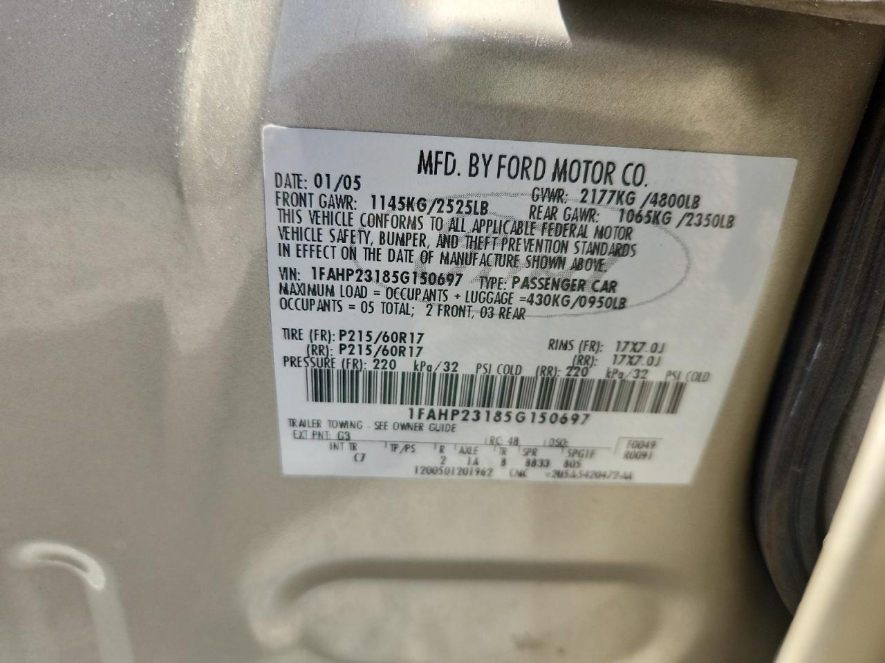 2005 Ford Five Hundred Se Gold vin: 1FAHP23185G150697