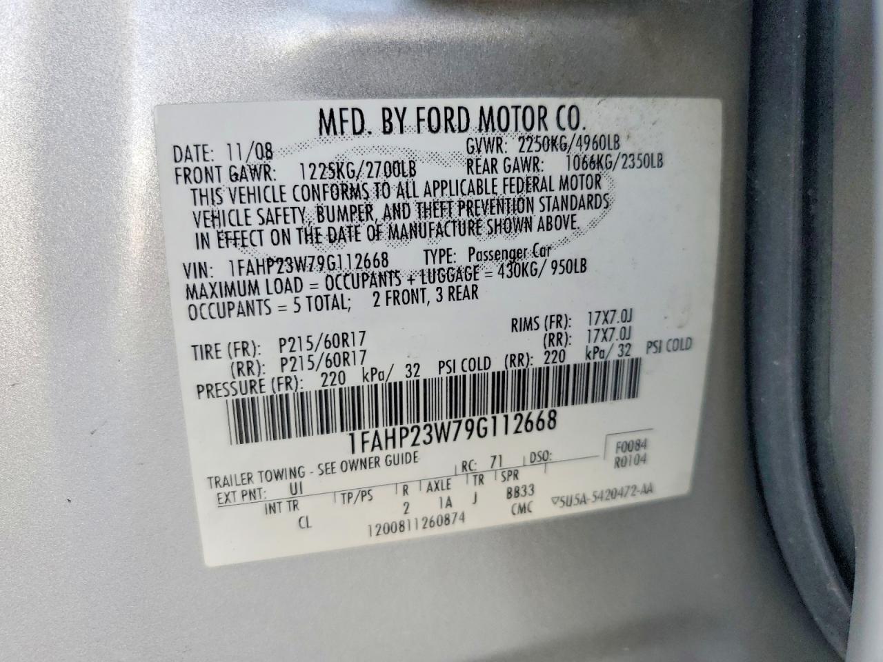2009 Ford Taurus Se Silver vin: 1FAHP23W79G112668