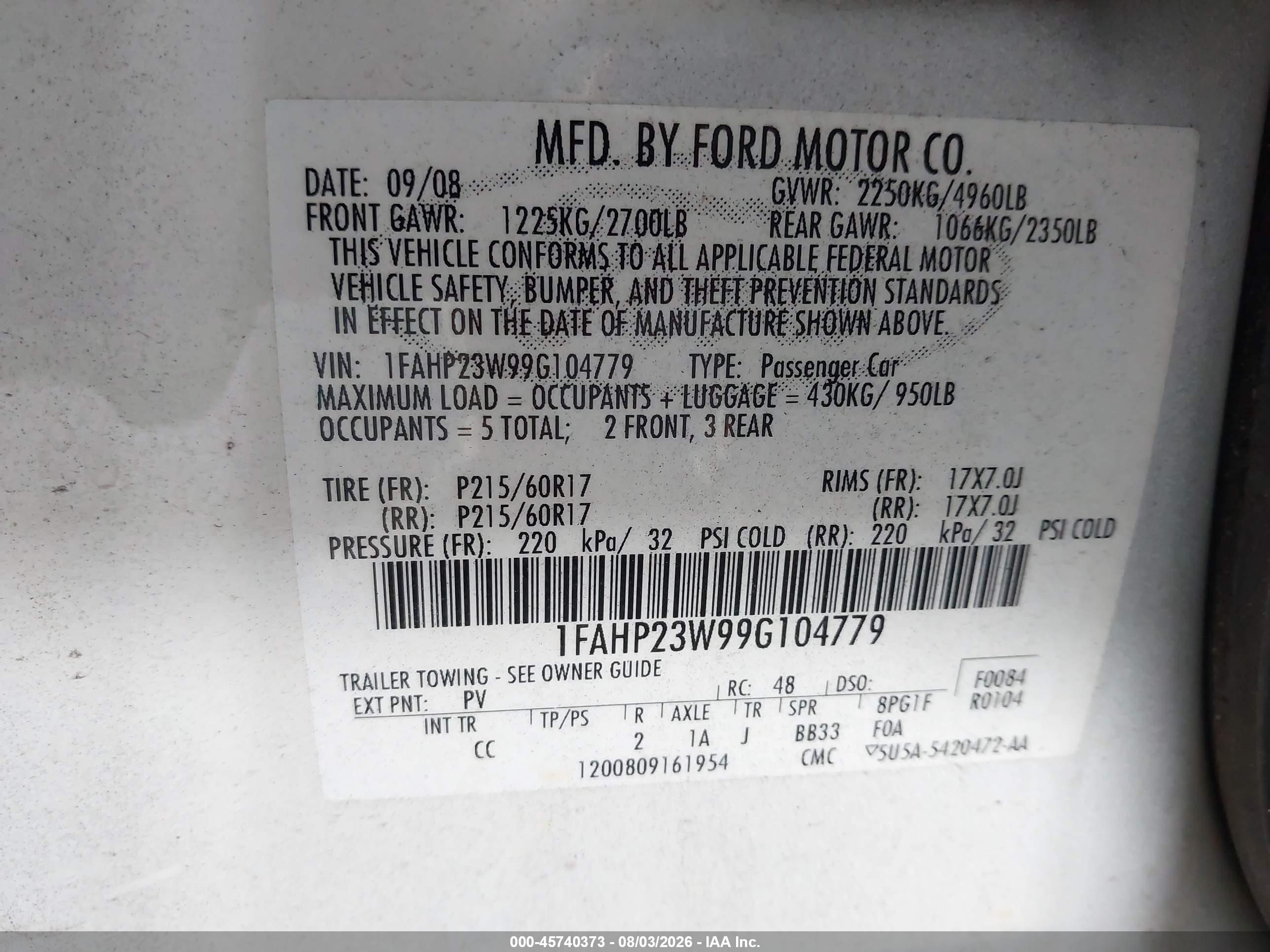 2009 Ford Taurus Se White vin: 1FAHP23W99G104779