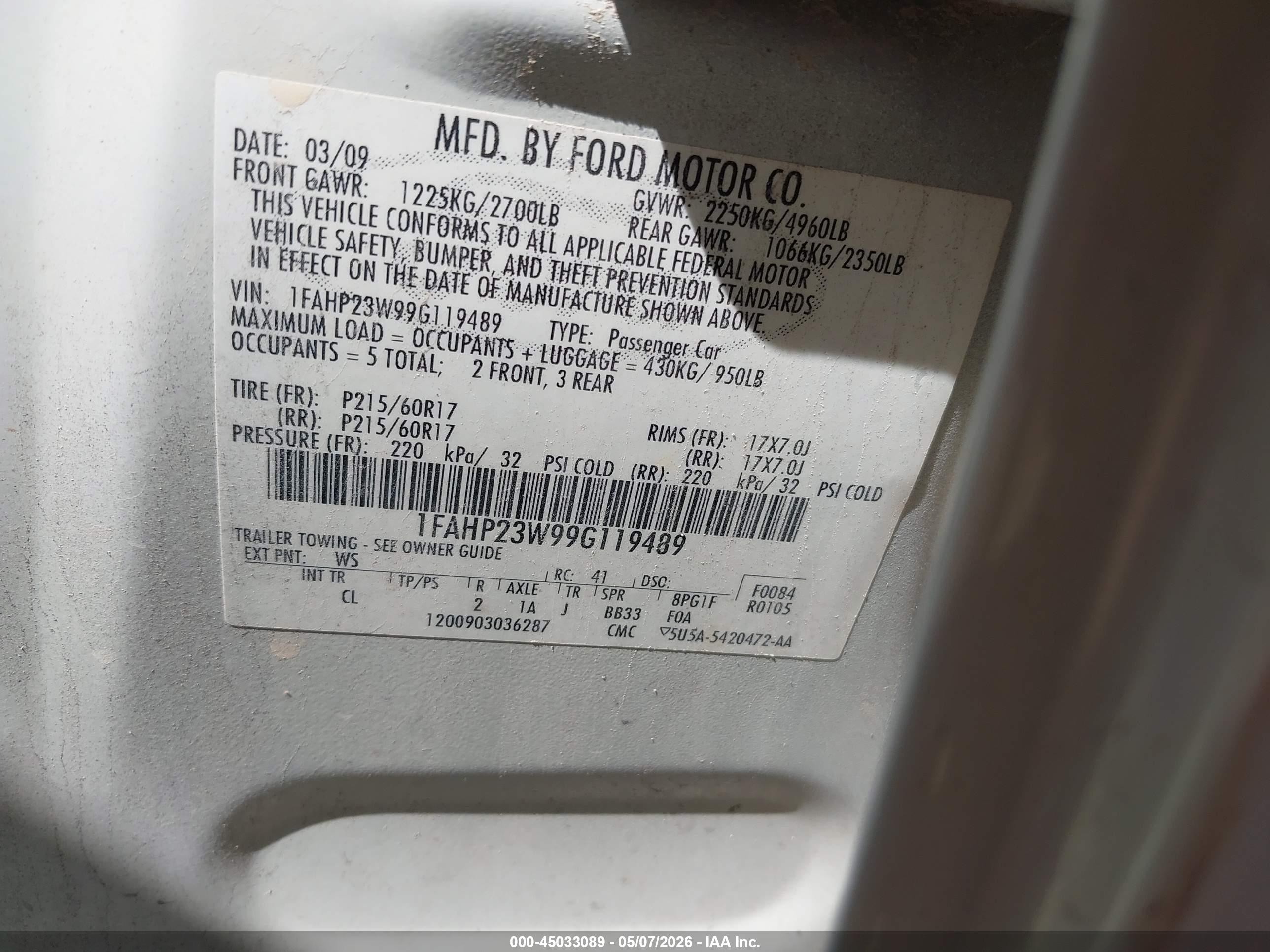 2009 Ford Taurus Se White vin: 1FAHP23W99G119489