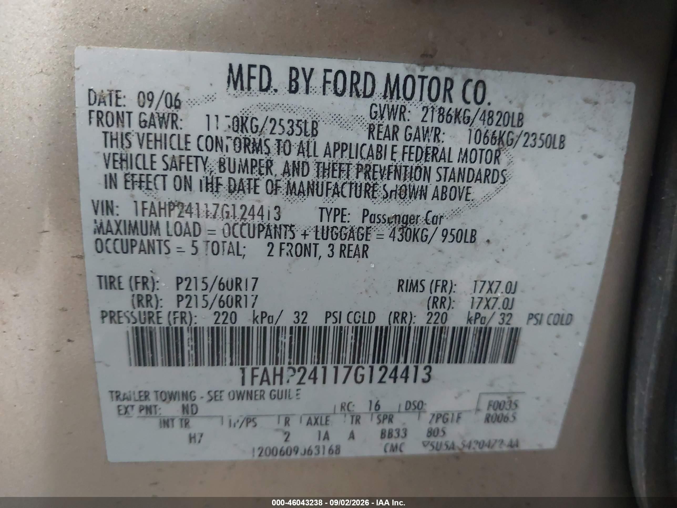 2007 Ford Five Hundred Sel Gold vin: 1FAHP24117G124413