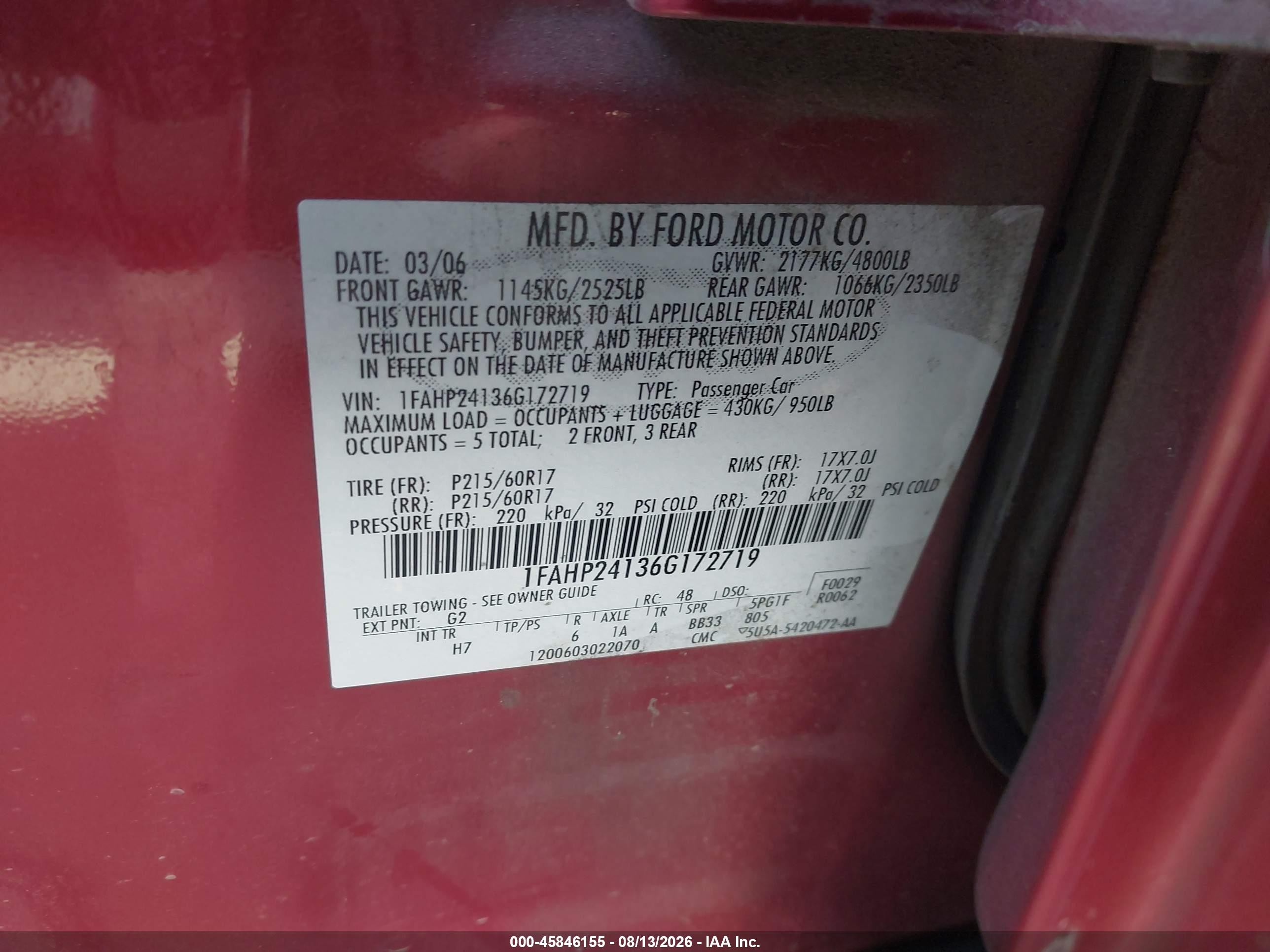 2006 Ford Five Hundred Sel Red vin: 1FAHP24136G172719