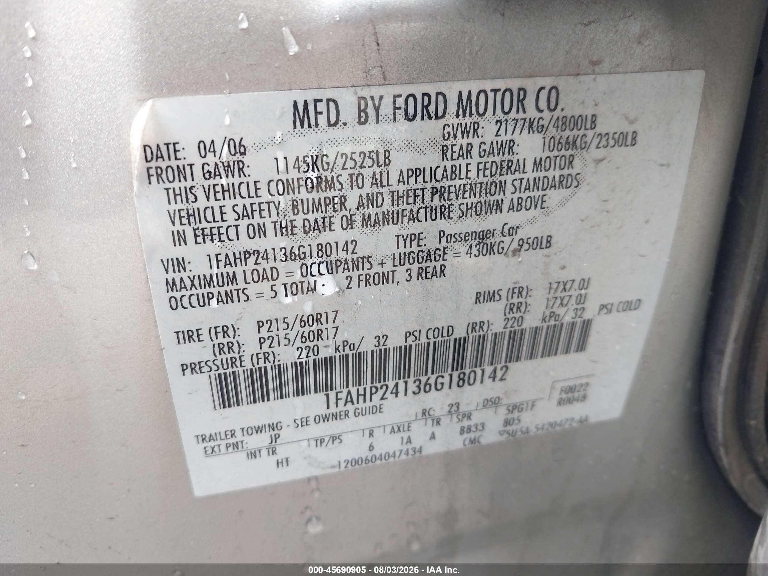 2006 Ford Five Hundred Sel Серебряный vin: 1FAHP24136G180142