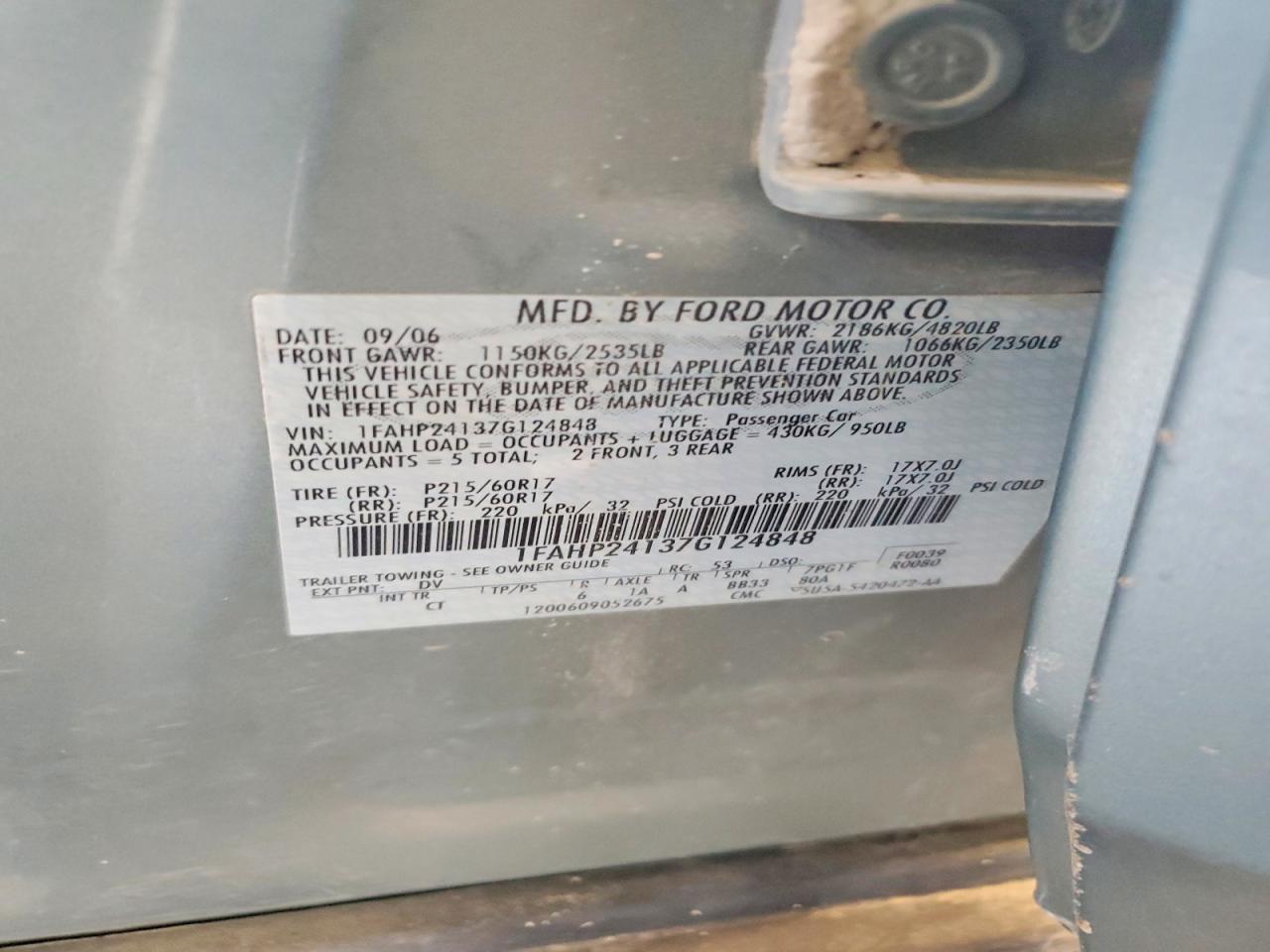 2007 Ford Five Hundred Sel Синий vin: 1FAHP24137G124848