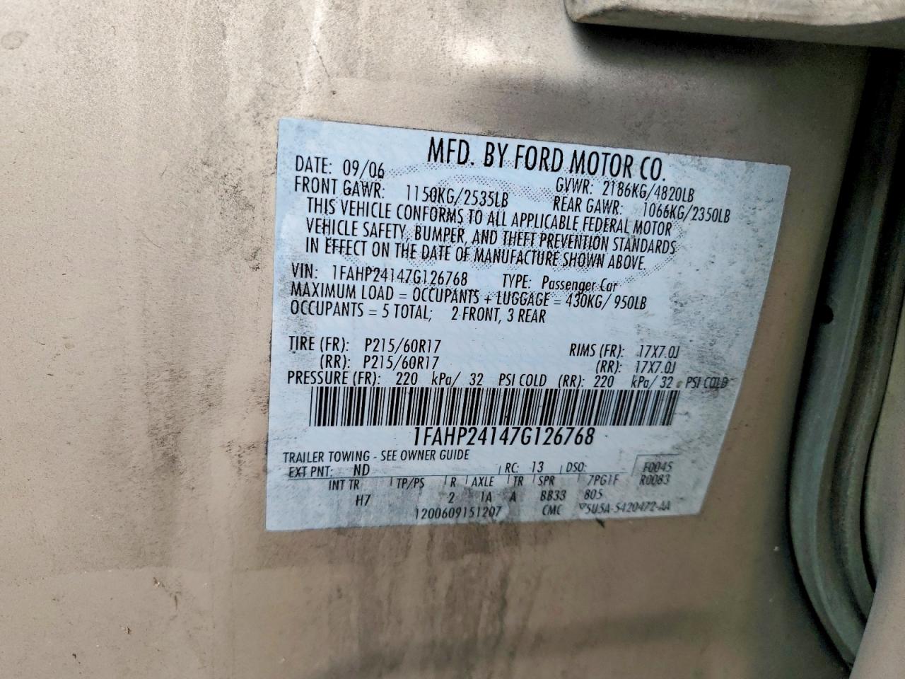 2007 Ford Five Hundred Sel Gold vin: 1FAHP24147G126768