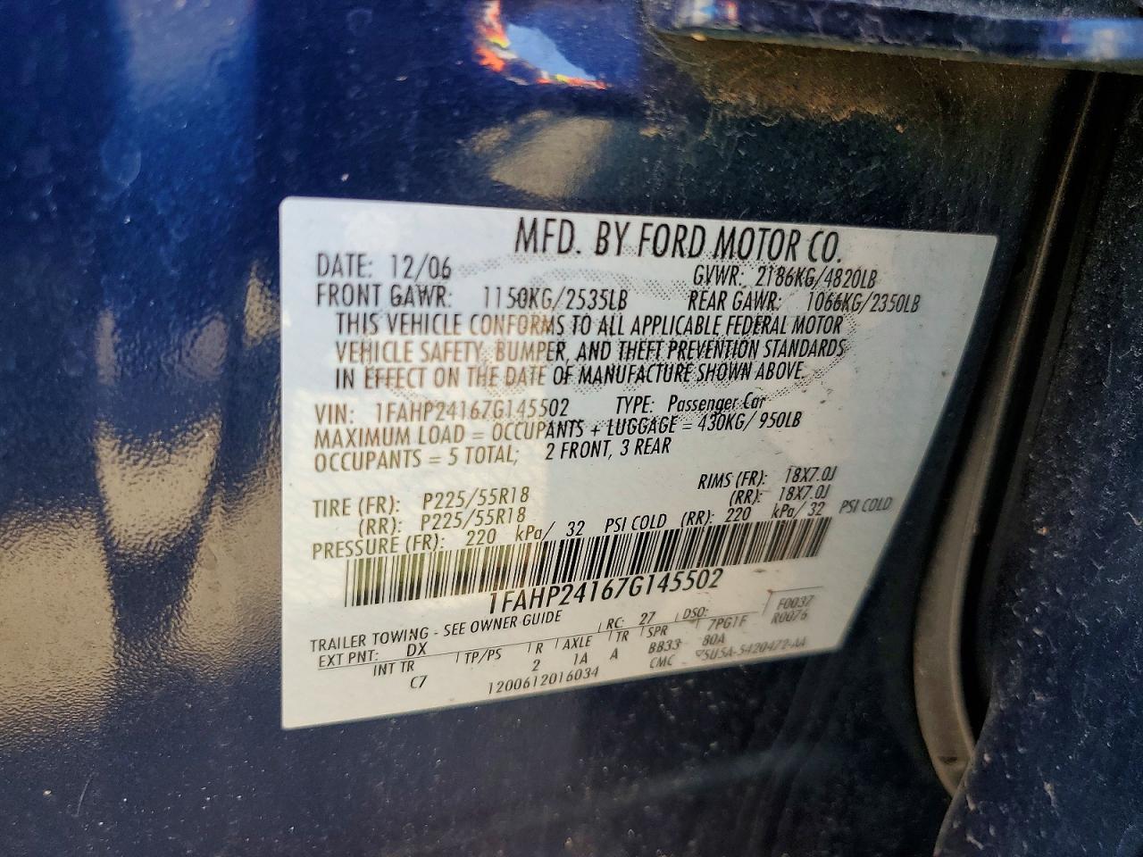 2007 Ford Five Hundred Sel Blue vin: 1FAHP24167G145502