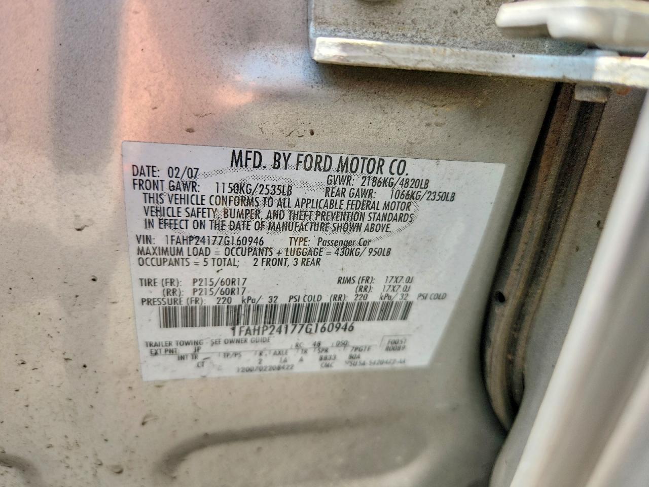 2007 Ford Five Hundred Sel Silver vin: 1FAHP24177G160946