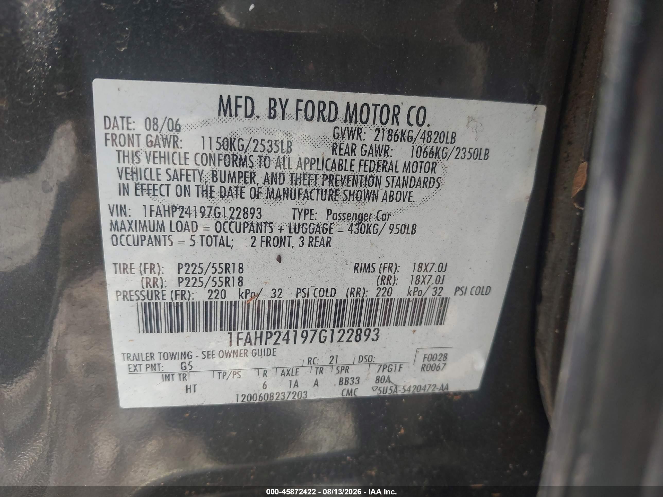 2007 Ford Five Hundred Sel Серый vin: 1FAHP24197G122893