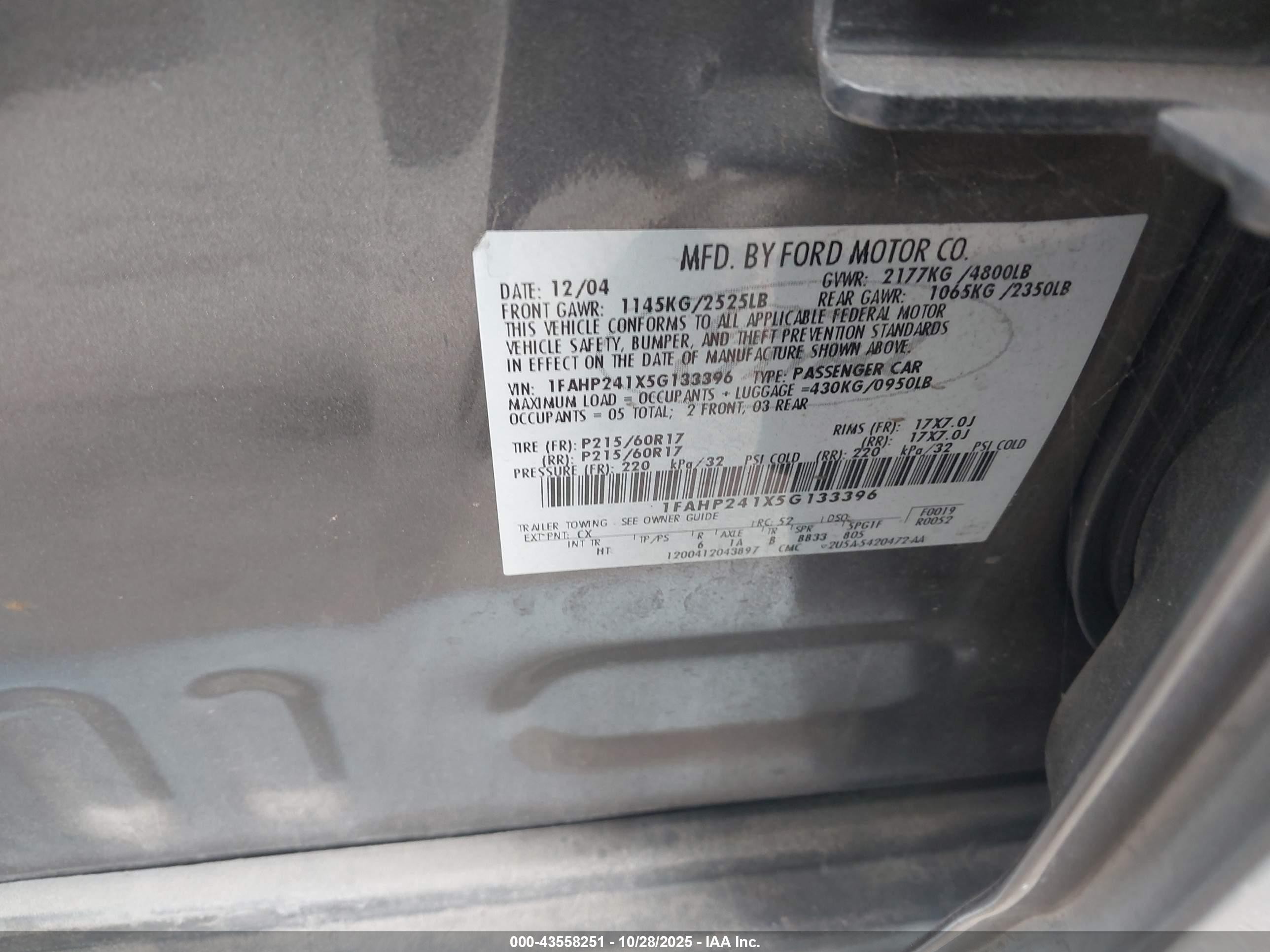 2005 Ford Five Hundred Sel Серый vin: 1FAHP241X5G133396