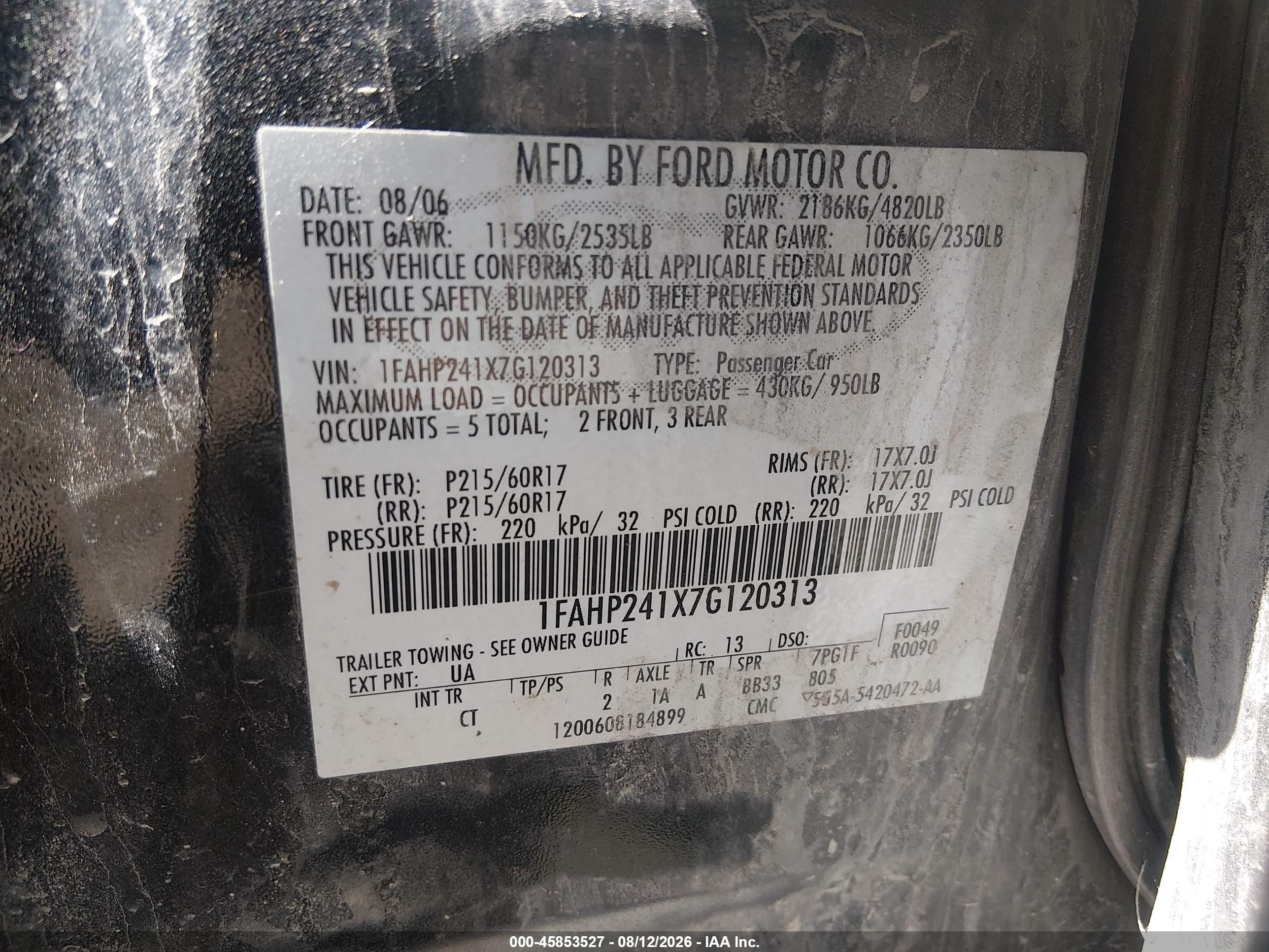 2007 Ford Five Hundred Sel Black vin: 1FAHP241X7G120313