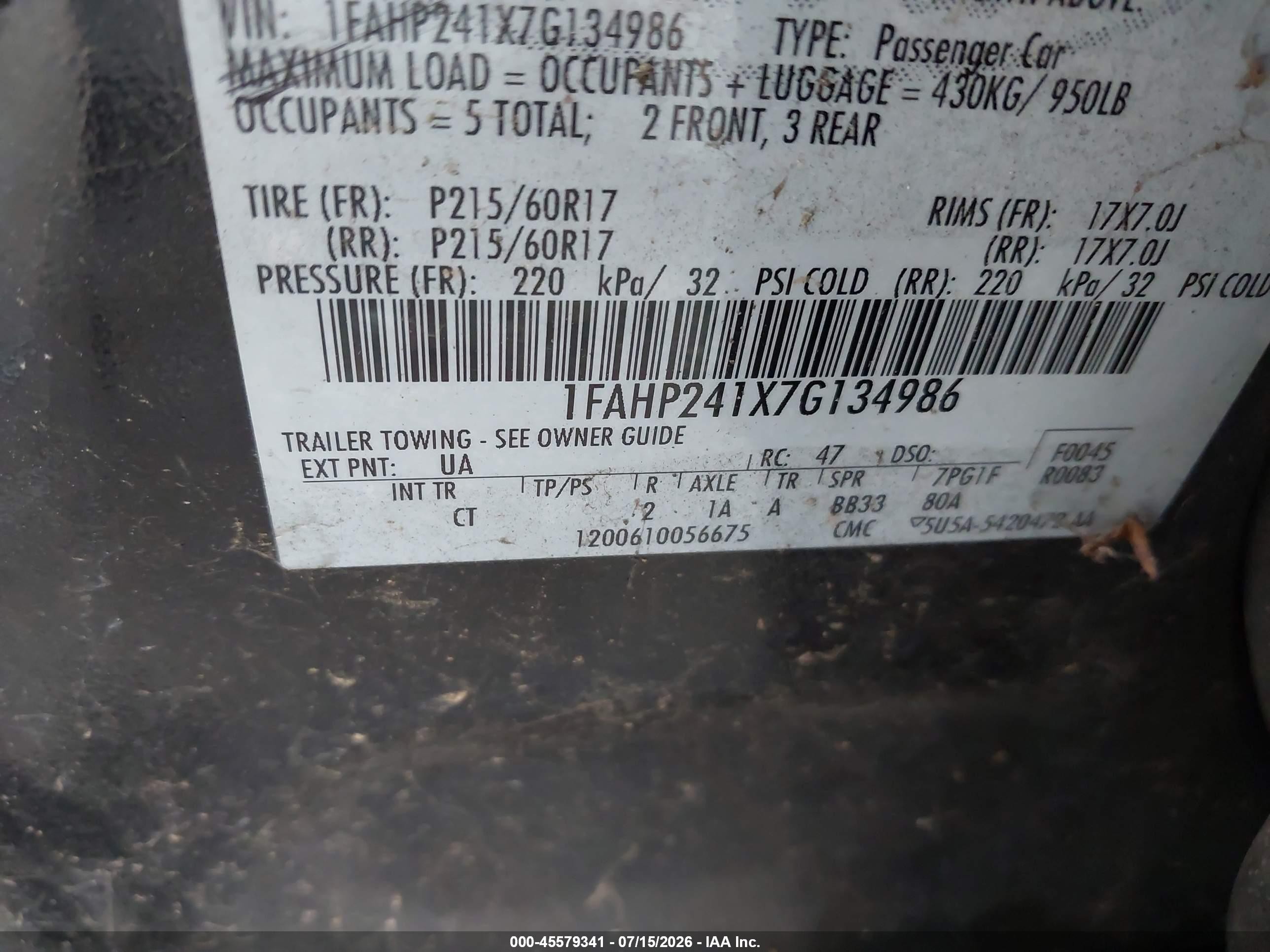 2007 Ford Five Hundred Sel Black vin: 1FAHP241X7G134986