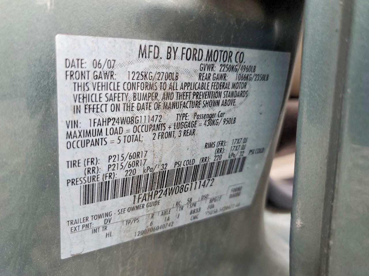 2008 Ford Taurus Sel Teal vin: 1FAHP24W08G111472