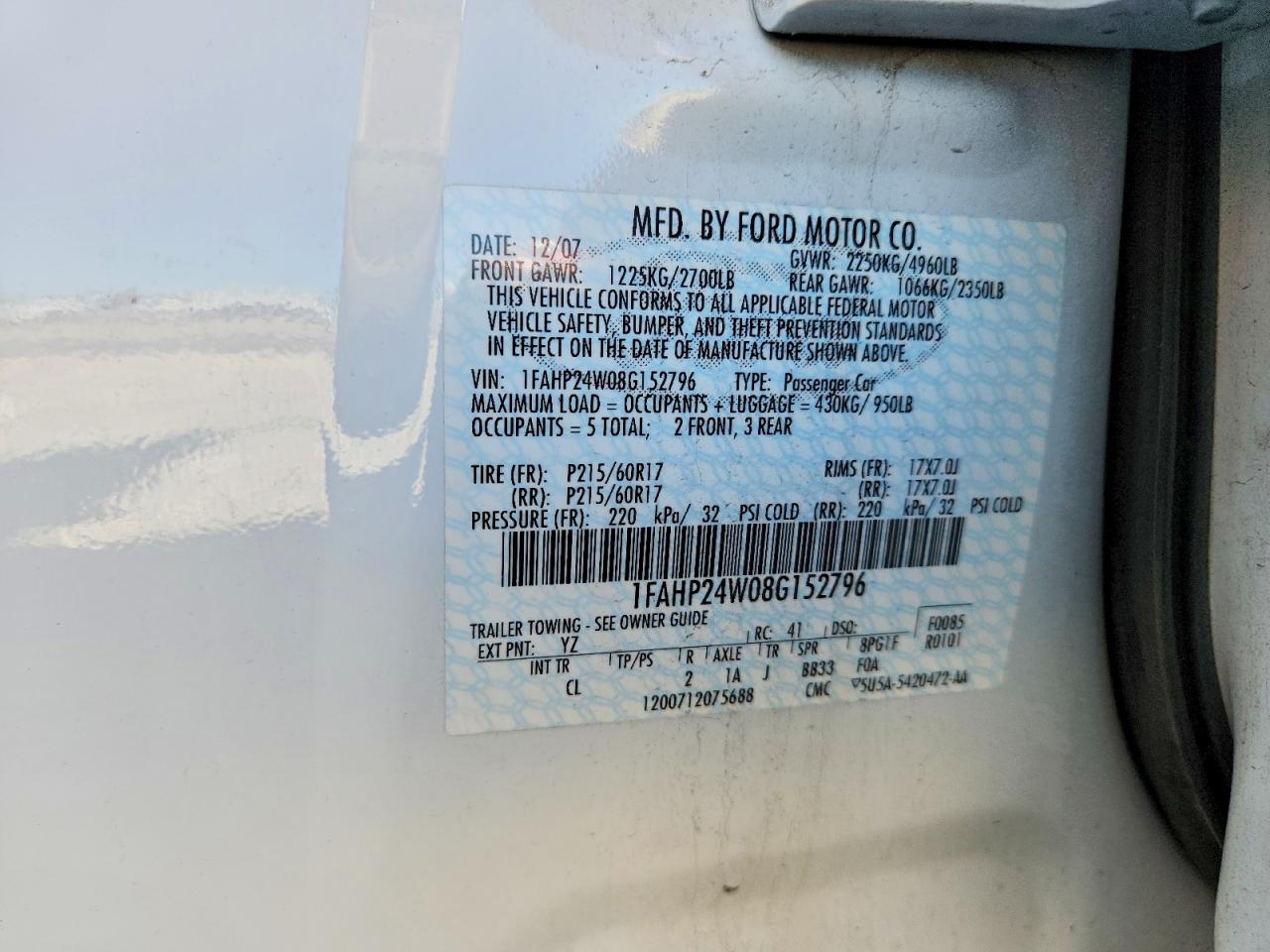 2008 Ford Taurus Sel White vin: 1FAHP24W08G152796