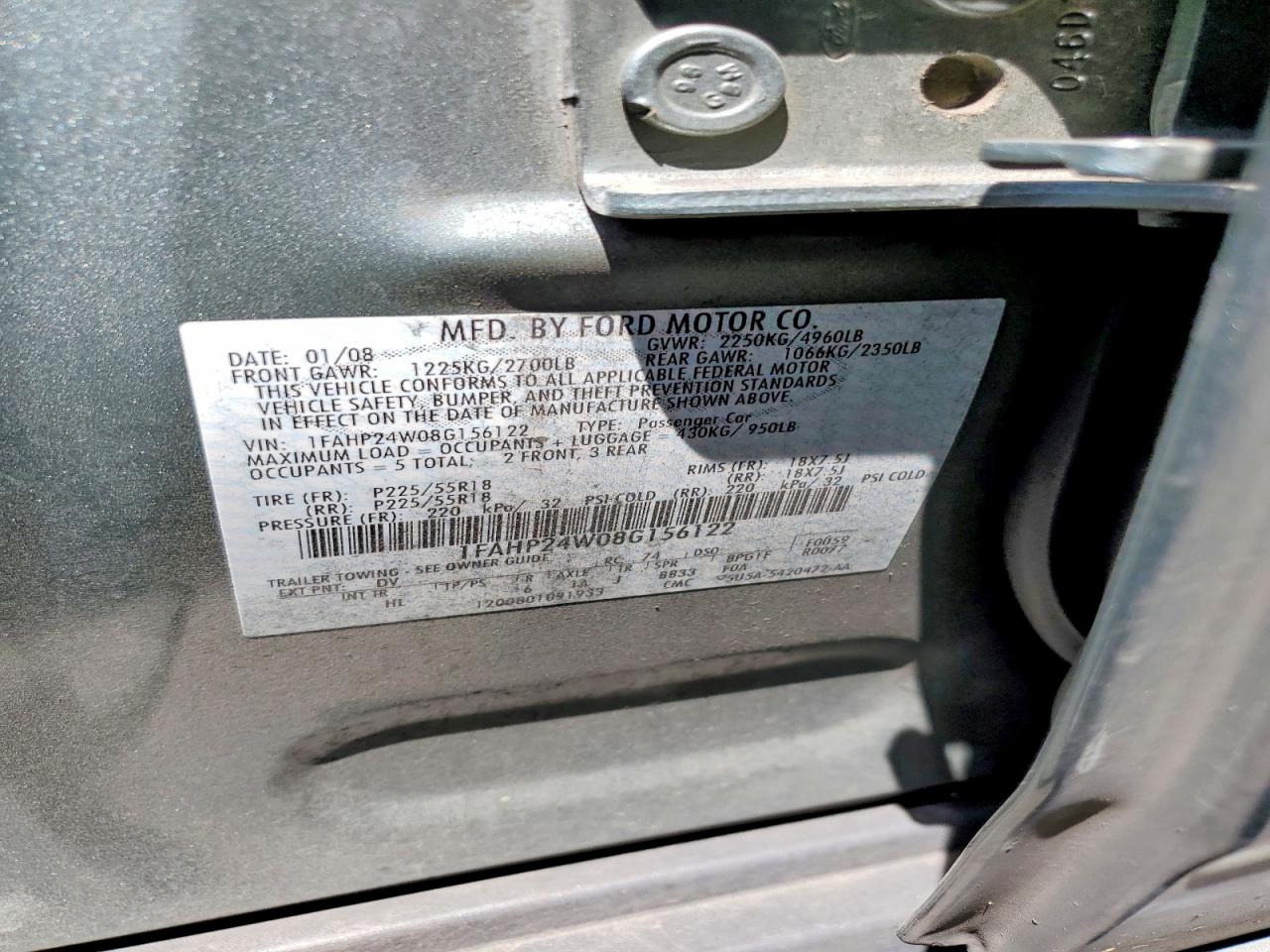 2008 Ford Taurus Sel Turquoise vin: 1FAHP24W08G156122