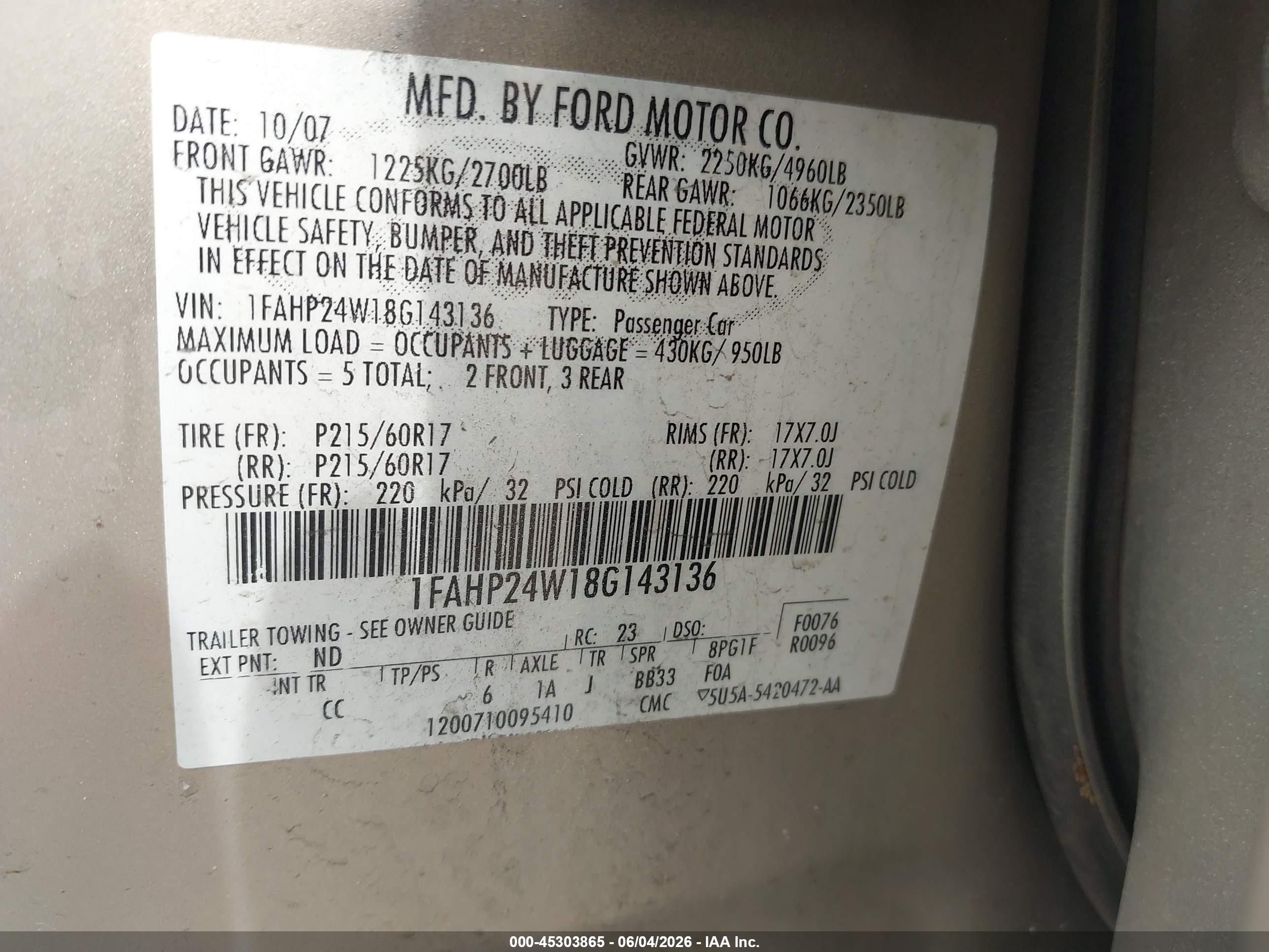 2008 Ford Taurus Sel Gold vin: 1FAHP24W18G143136