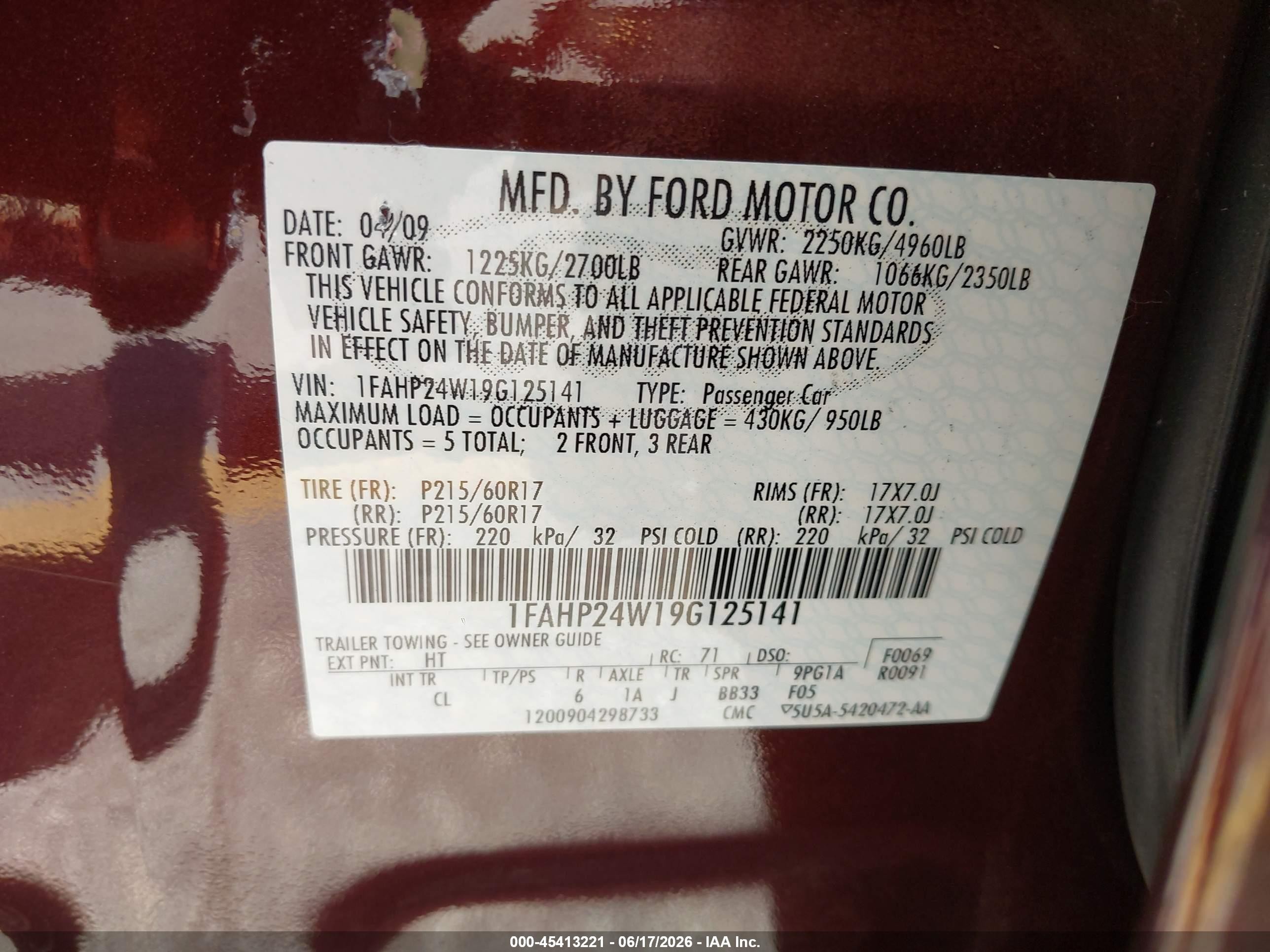 2009 Ford Taurus Sel Бордовый vin: 1FAHP24W19G125141