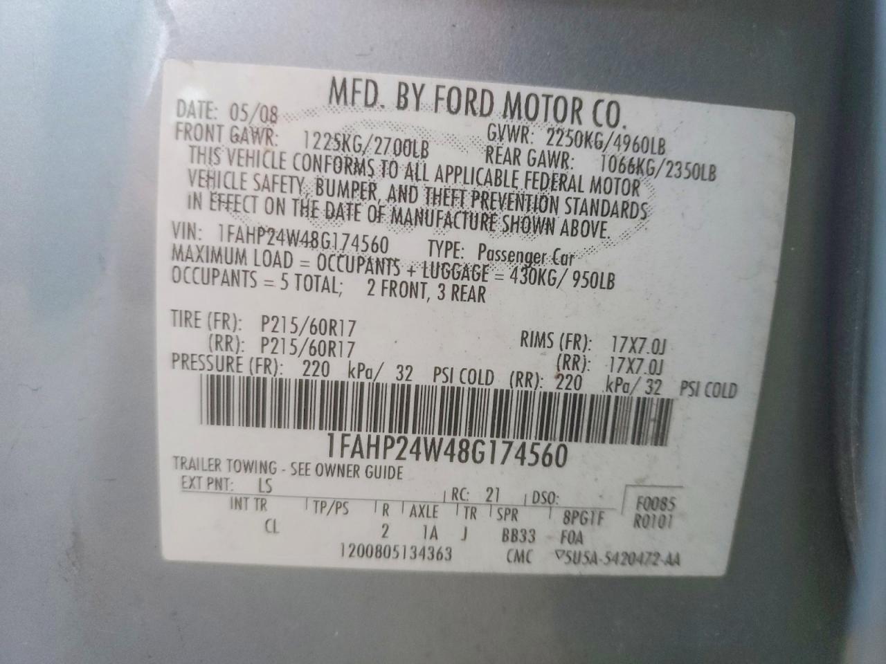 2008 Ford Taurus Sel Blue vin: 1FAHP24W48G174560