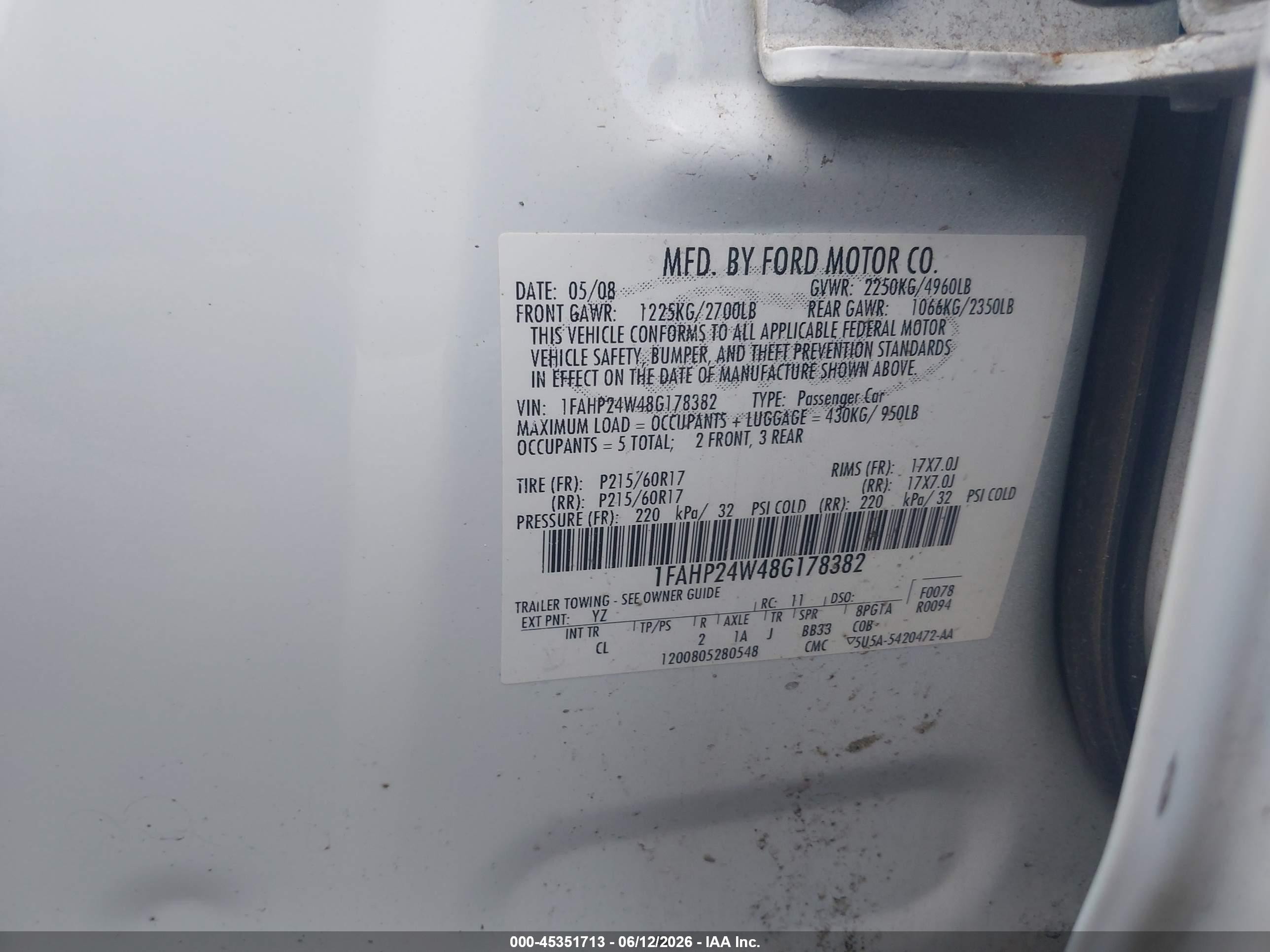 2008 Ford Taurus Sel White vin: 1FAHP24W48G178382
