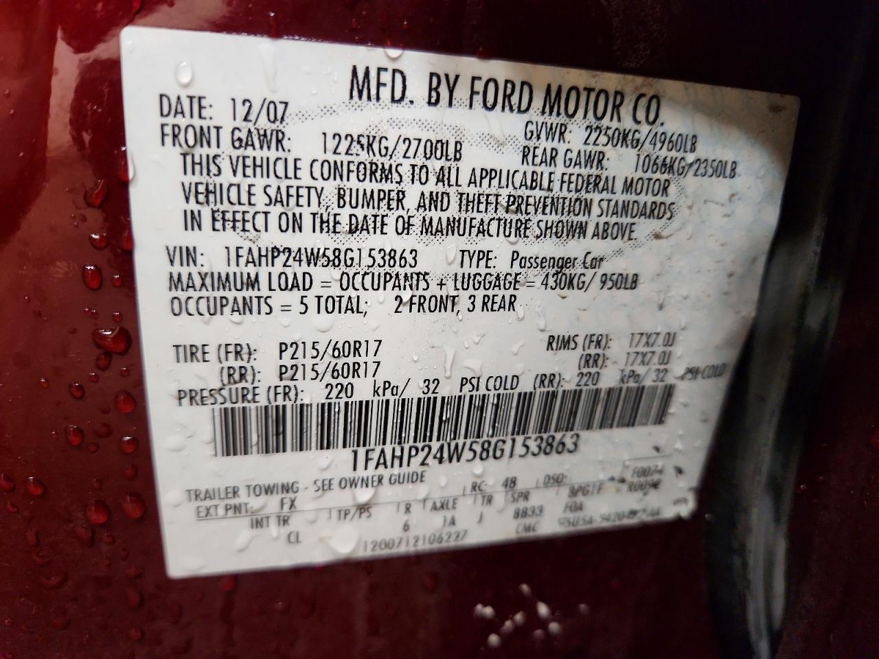 2008 Ford Taurus Sel Burgundy vin: 1FAHP24W58G153863