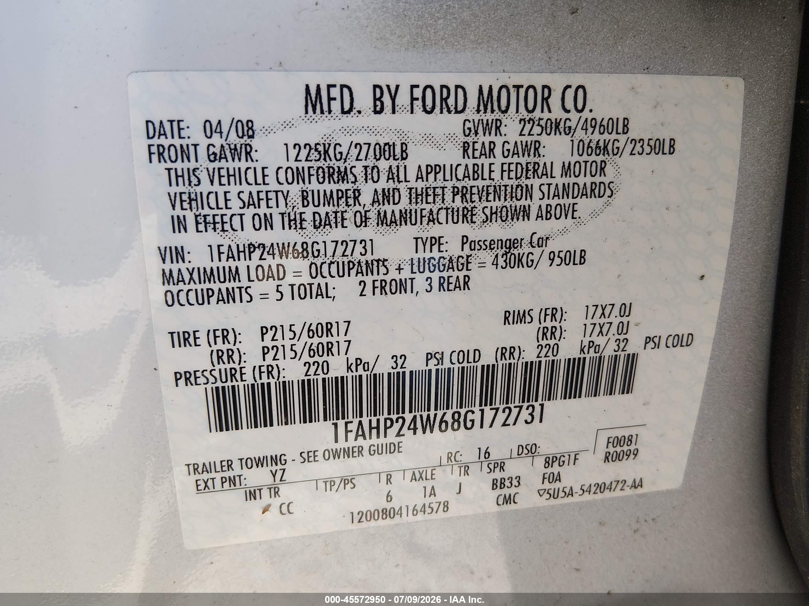 2008 Ford Taurus Sel White vin: 1FAHP24W68G172731
