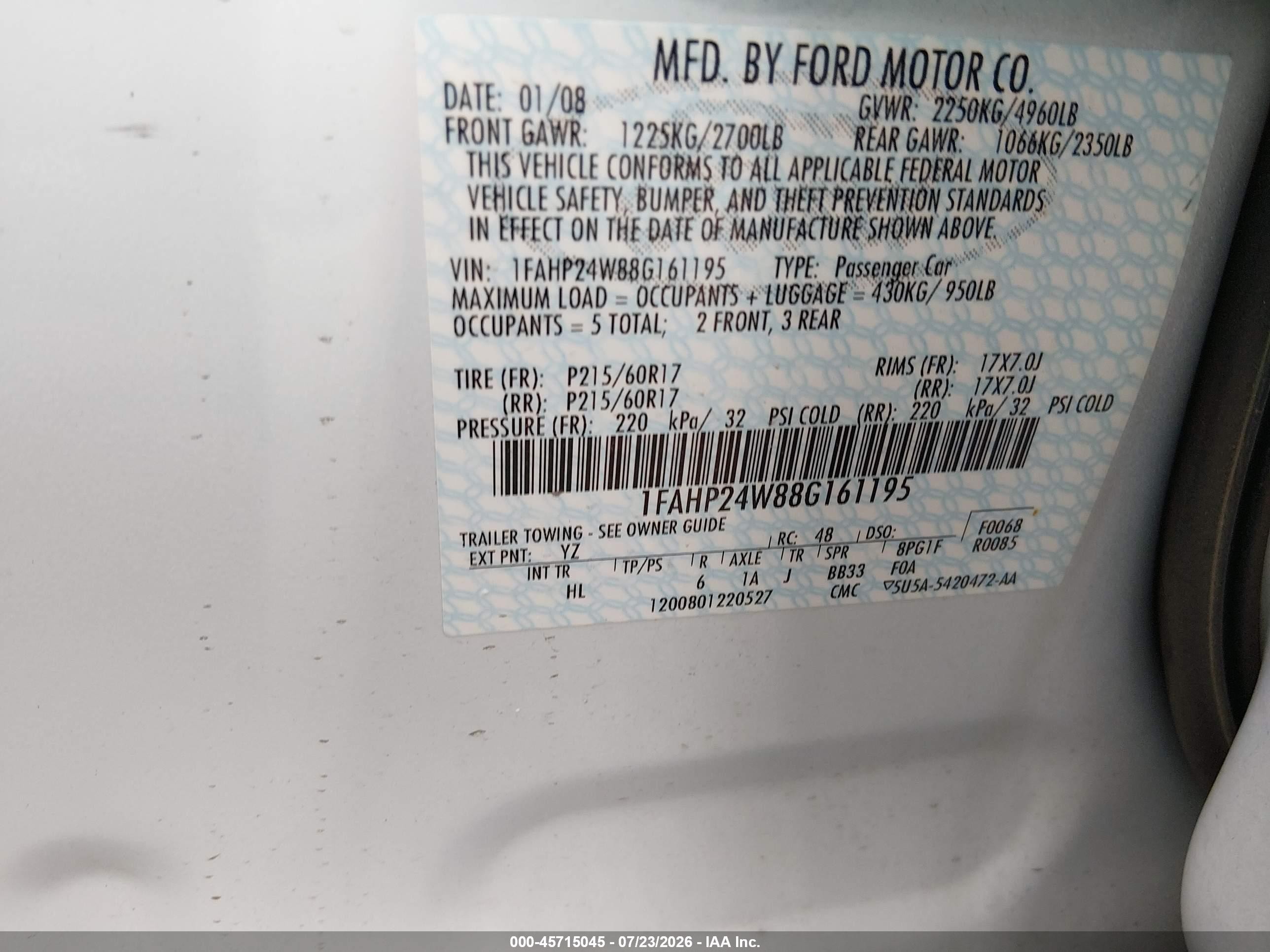 2008 Ford Taurus Sel White vin: 1FAHP24W88G161195