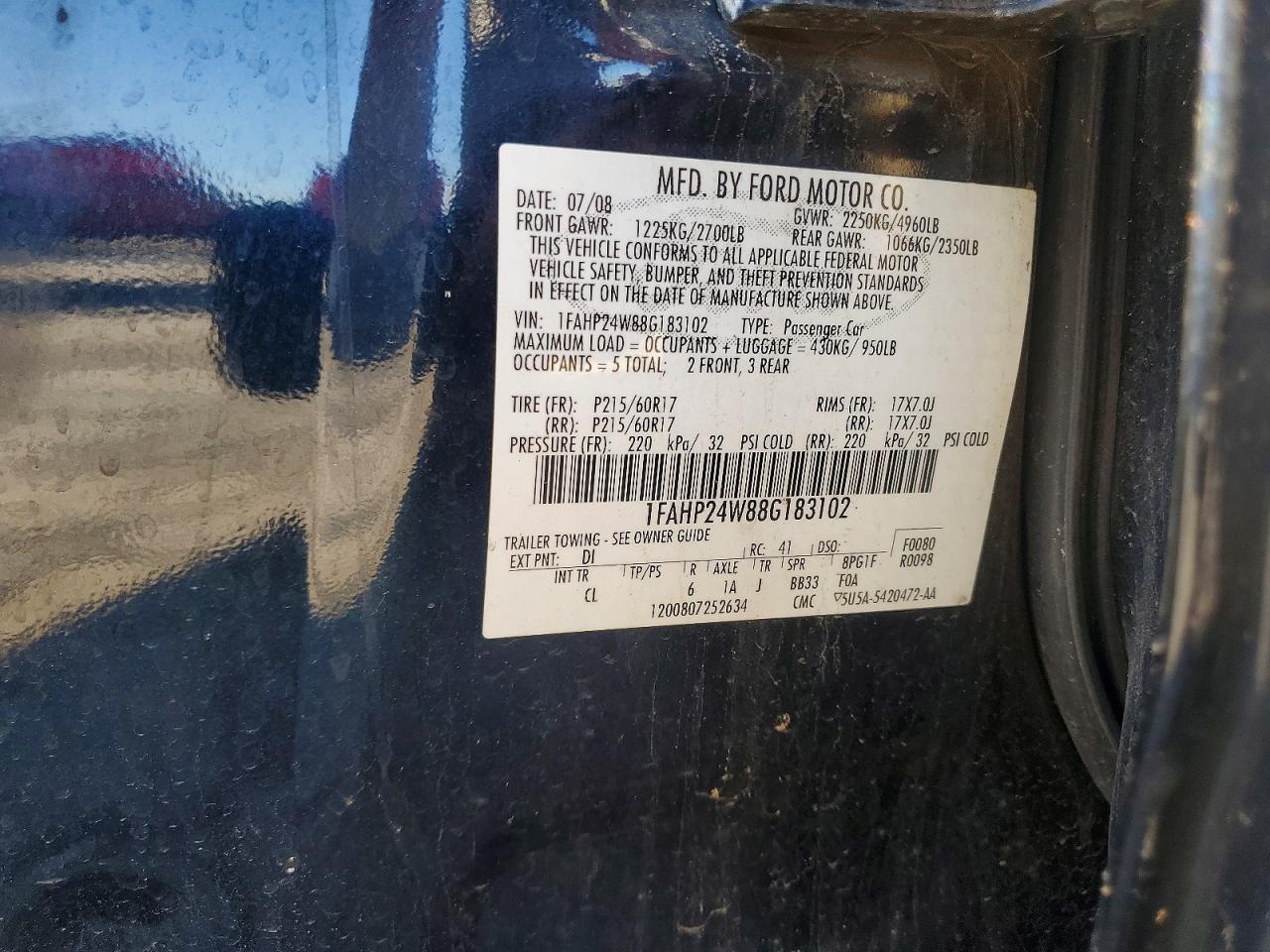 2008 Ford Taurus Sel Синий vin: 1FAHP24W88G183102