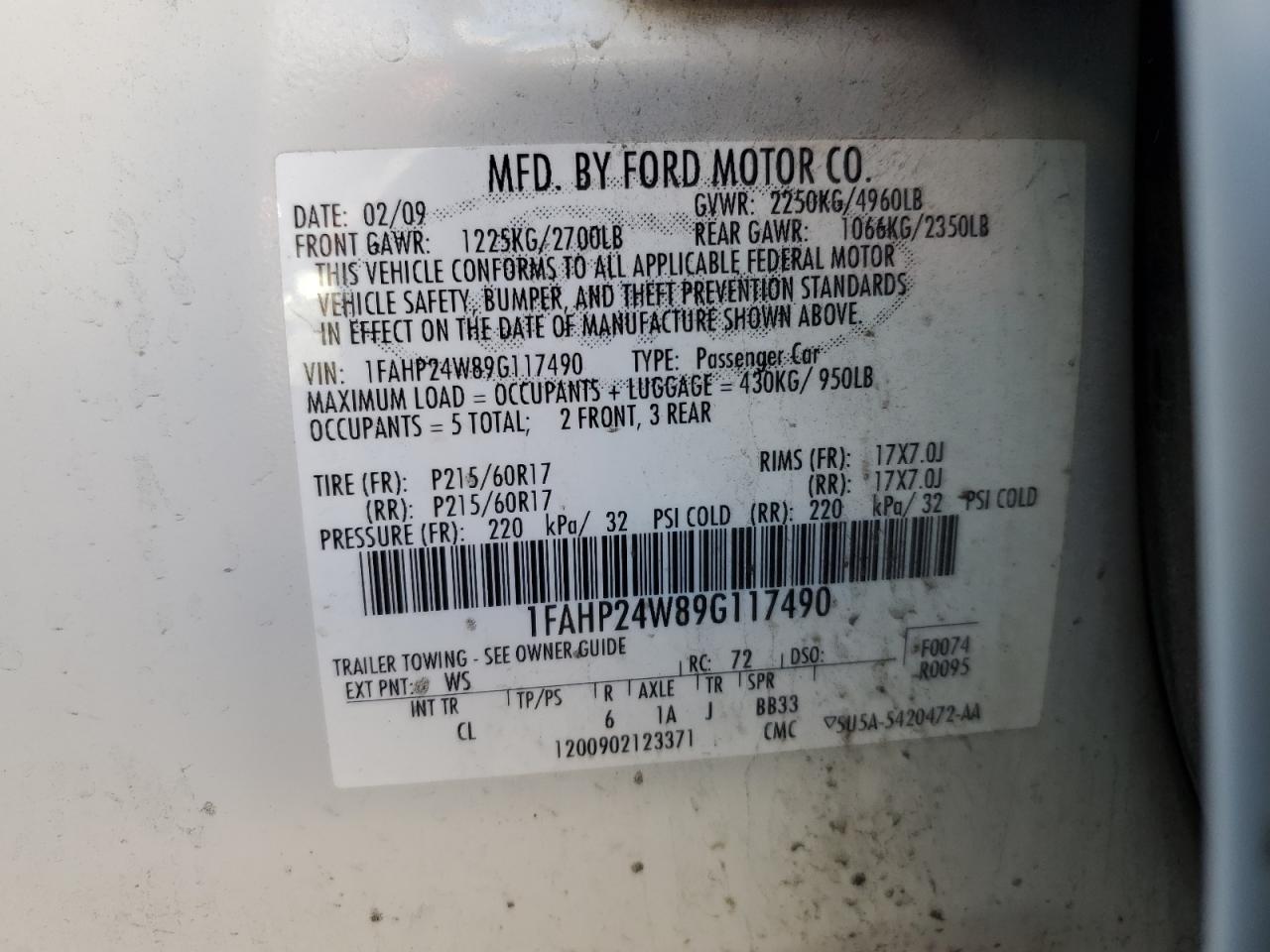 2009 Ford Taurus White vin: 1FAHP24W89G117490