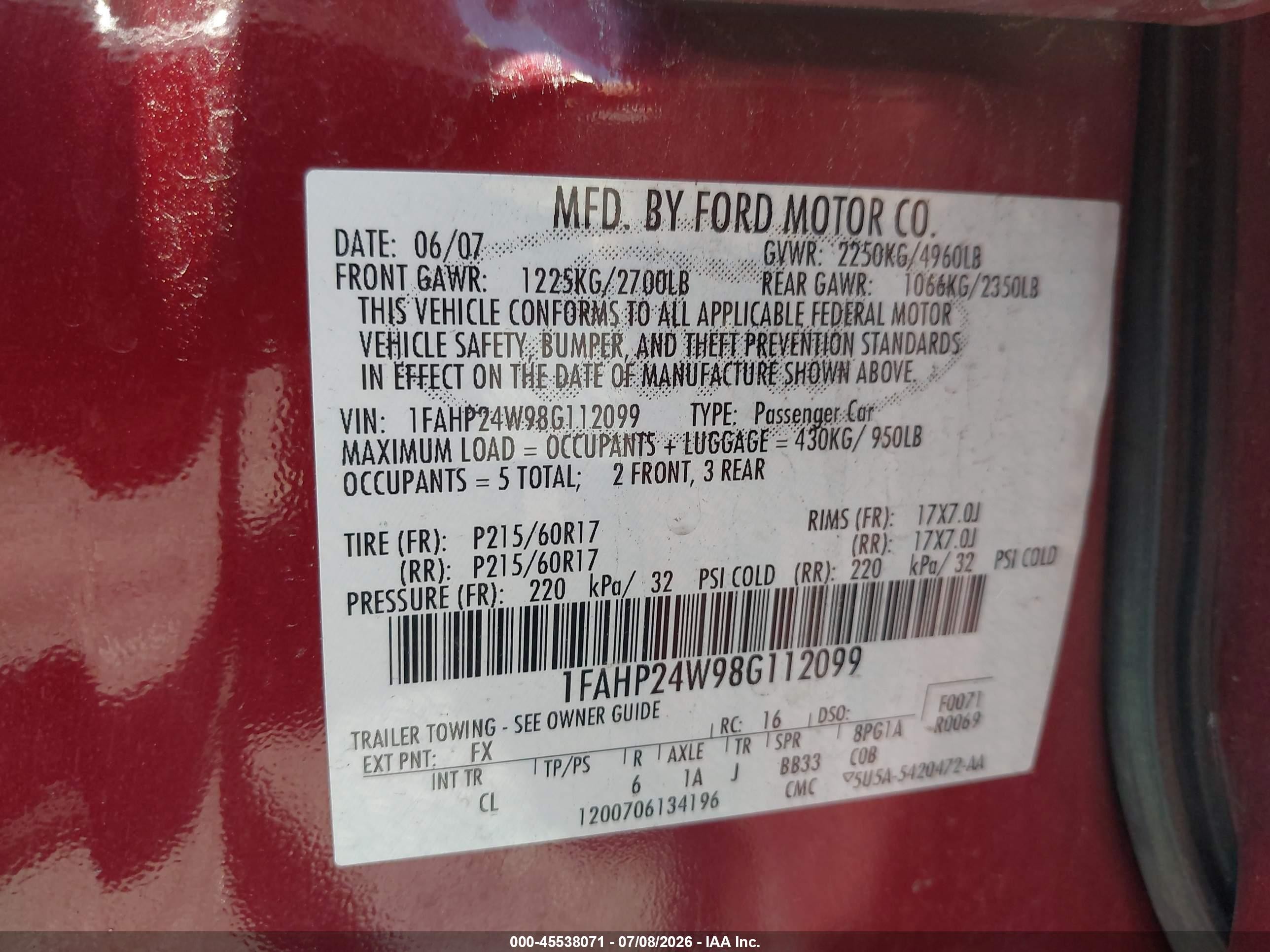 2008 Ford Taurus Sel Red vin: 1FAHP24W98G112099