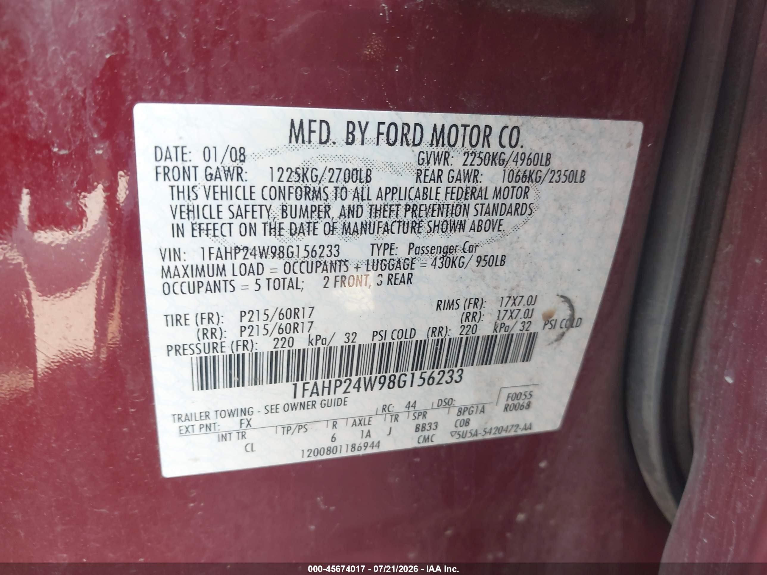 2008 Ford Taurus Sel Maroon vin: 1FAHP24W98G156233