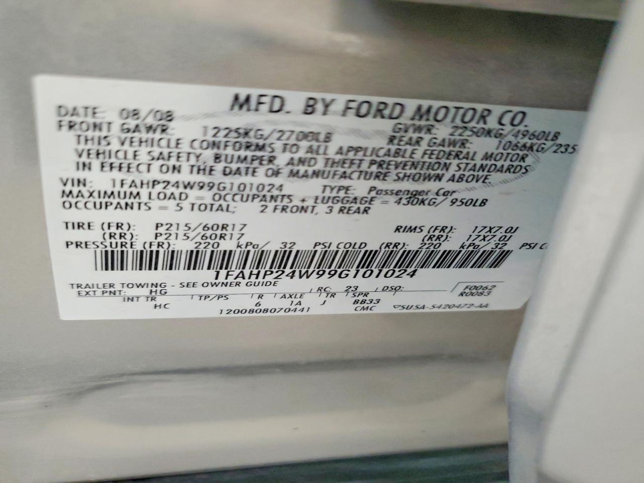 2009 Ford Taurus Sel Tan vin: 1FAHP24W99G101024