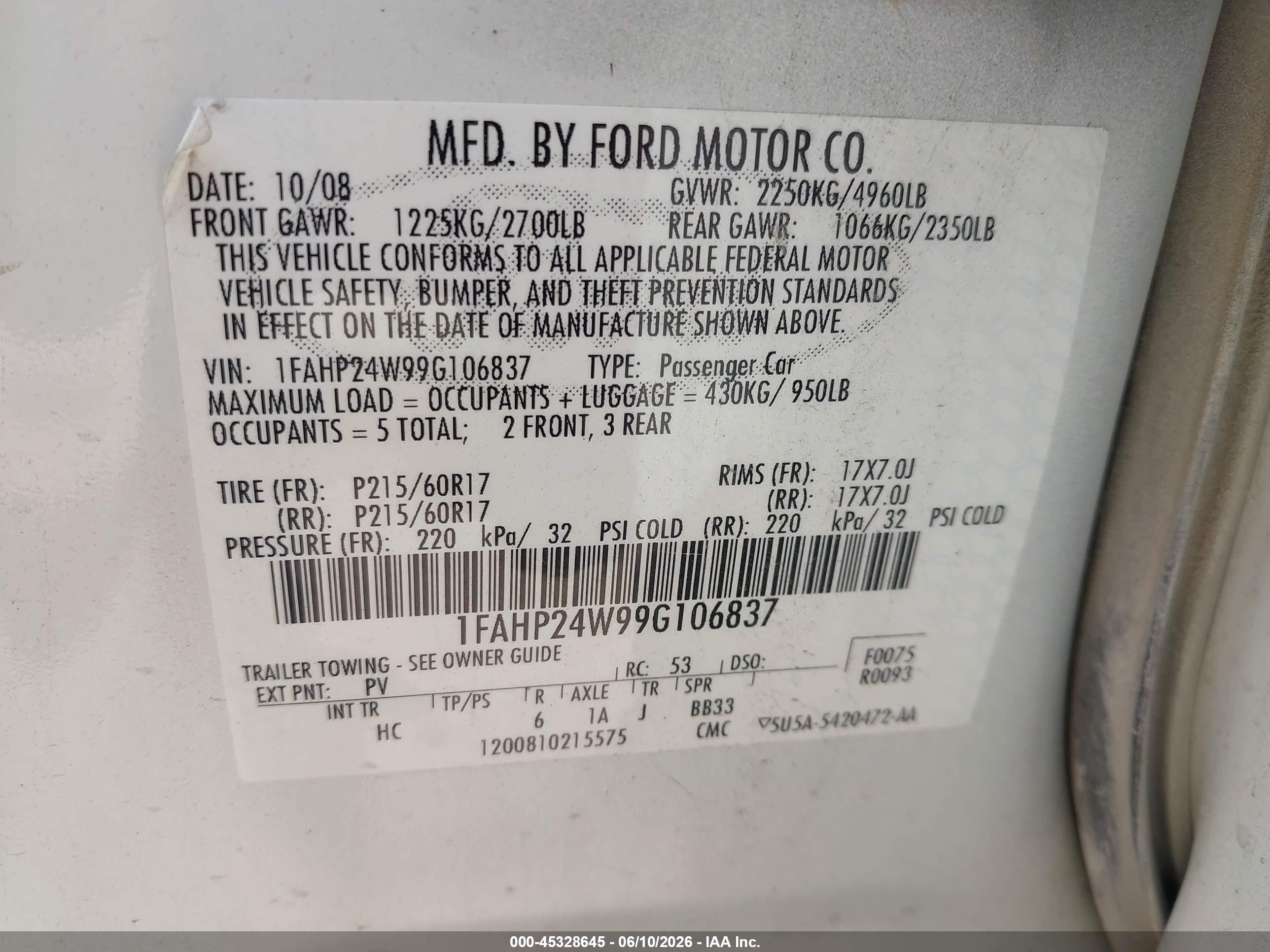 2009 Ford Taurus Sel White vin: 1FAHP24W99G106837