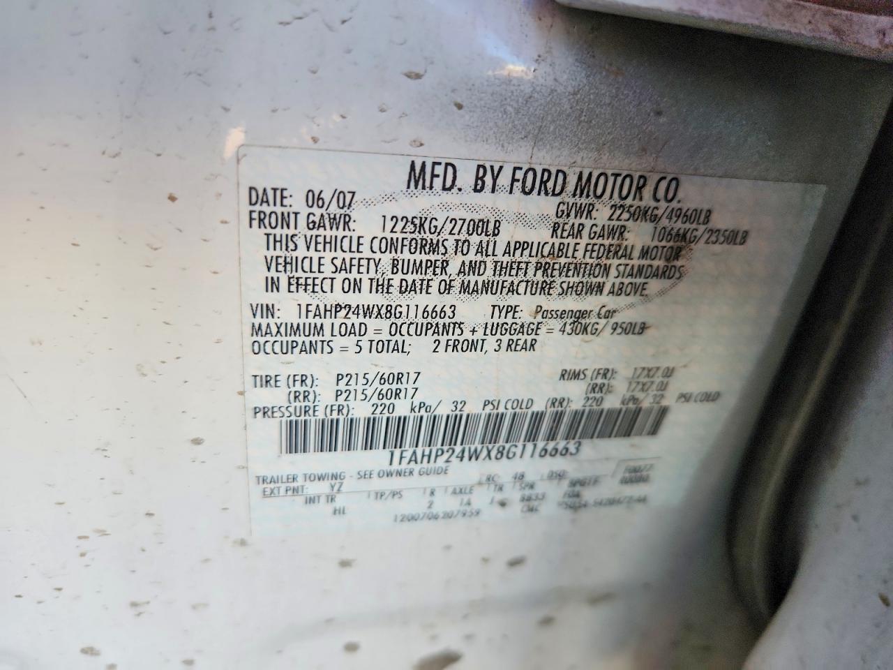 2008 Ford Taurus Sel White vin: 1FAHP24WX8G116663