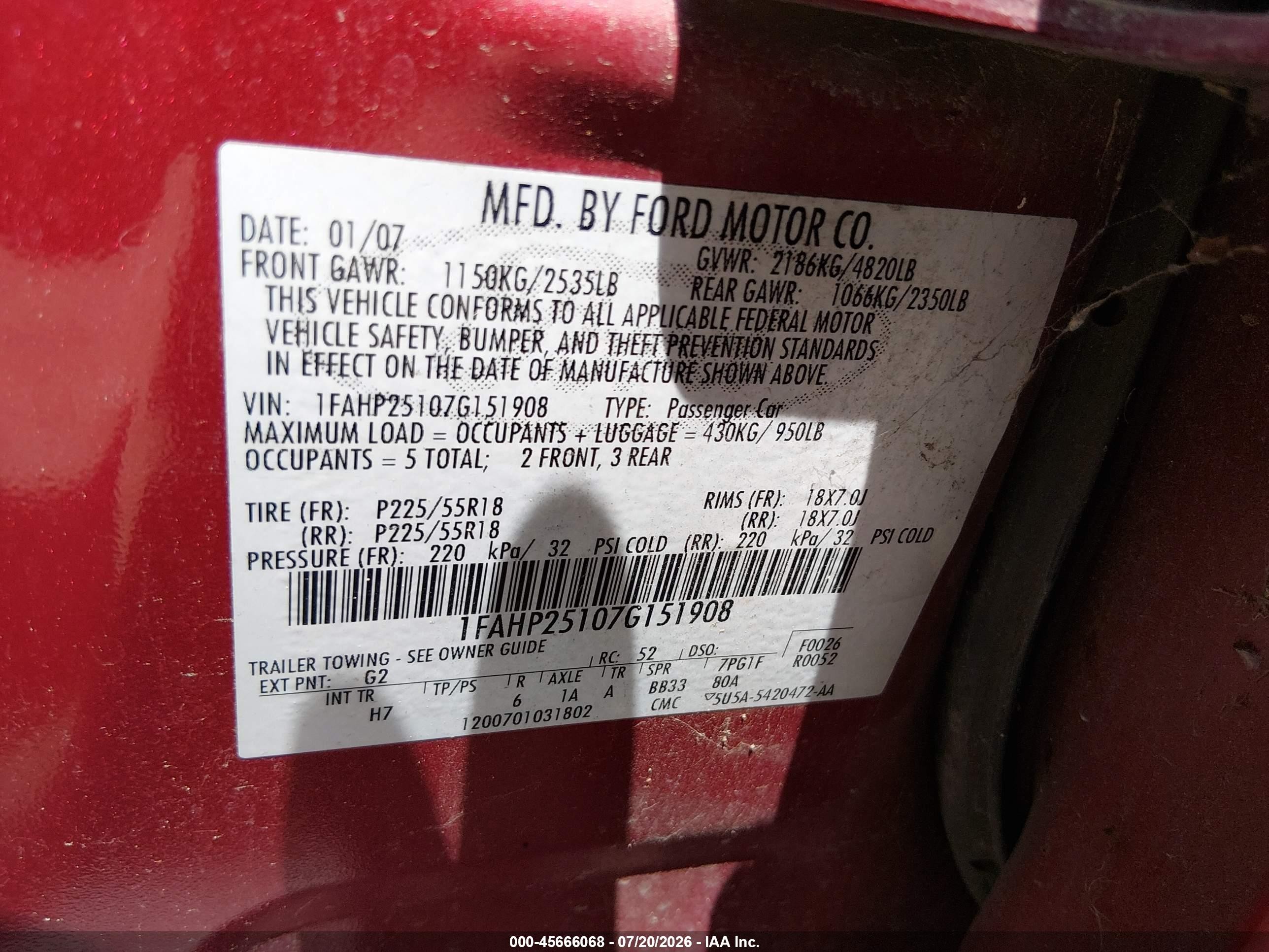 2007 Ford Five Hundred Limited Burgundy vin: 1FAHP25107G151908