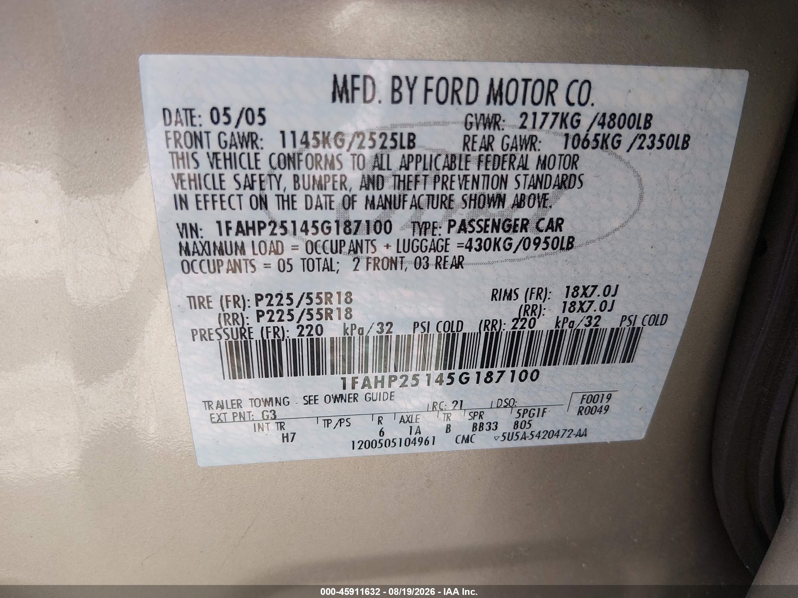 2005 Ford Five Hundred Limited Gold vin: 1FAHP25145G187100
